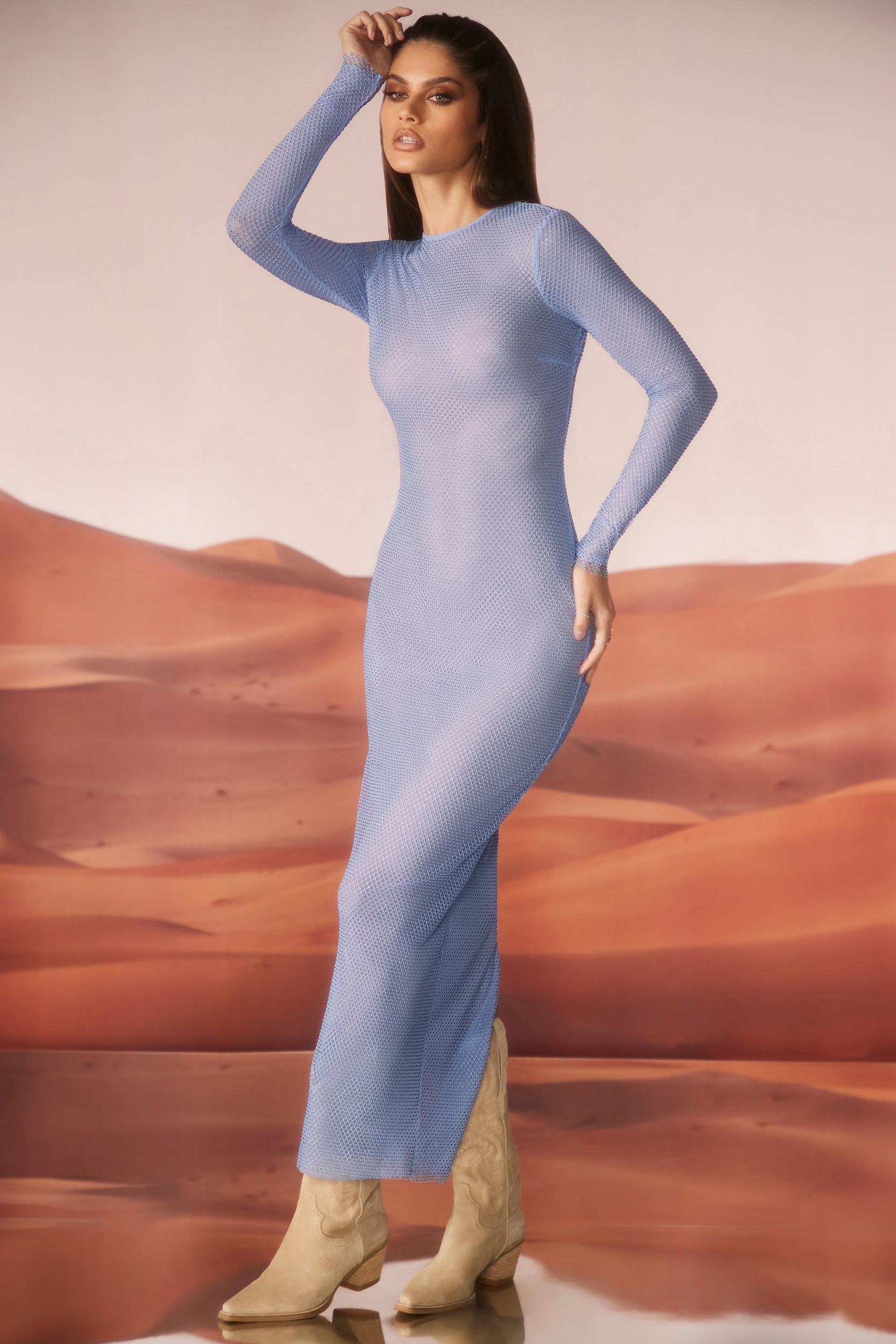 Embellished Long Sleeve Maxi Dress in Blue Product Image