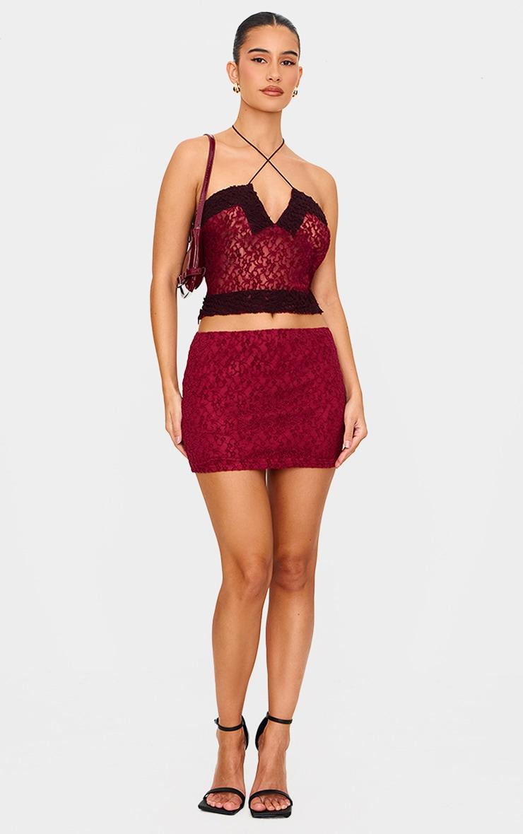 Burgundy Lace Textured Mini Skirt Product Image