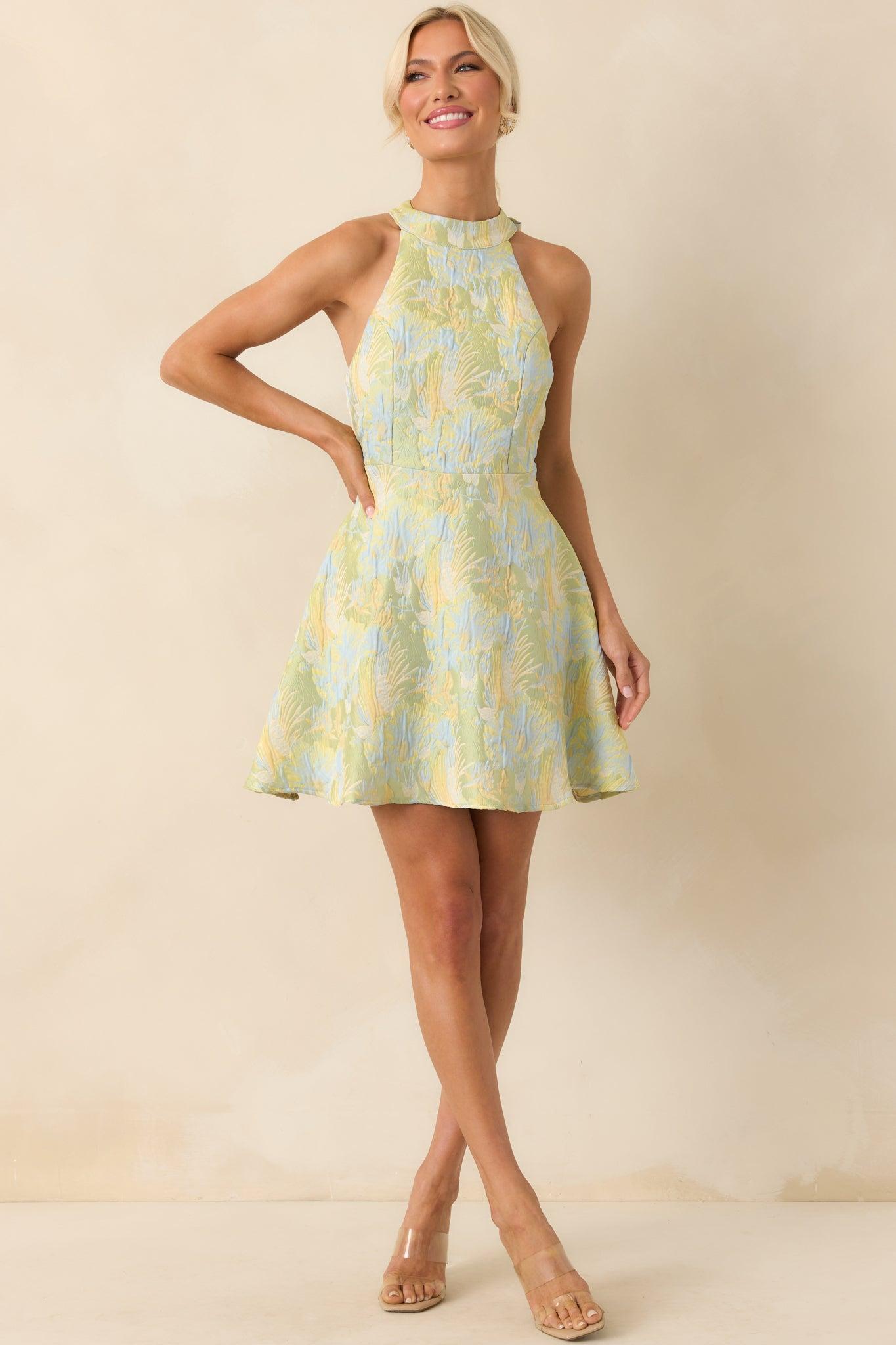 Always Ready Light Green Floral Print Jacquard Halter Mini Dress Product Image