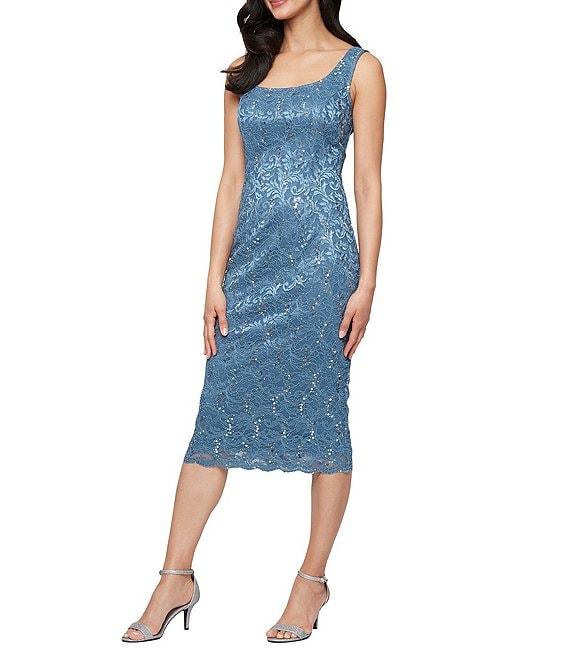 Ignite Evenings 3/4 Sleeve Square Neck Sequin Lace 2-Piece Jacket Midi Dress Product Image
