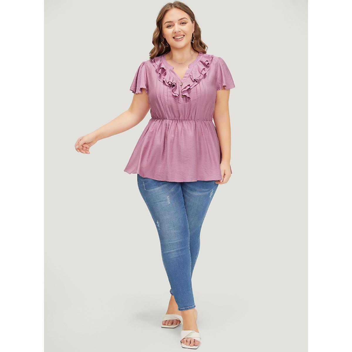Plus Size Mauve Solid Pleated Button Up Ruffle Tiered Blouse Women Elegant Short sleeve Notched collar Dailywear Blouses BloomChic 12/L Product Image