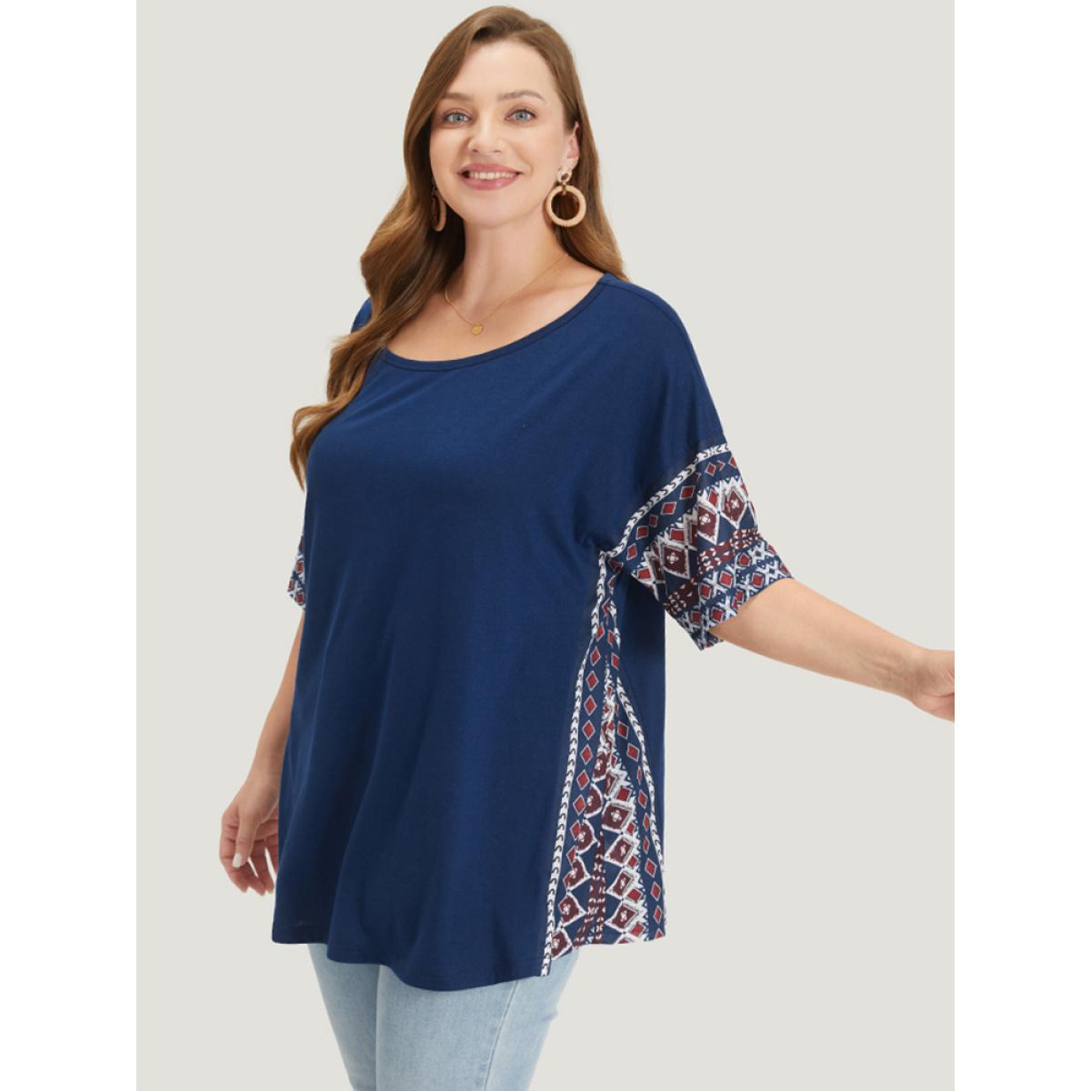 Plus Size Bandana Print Patchwork Crew Neck T-shirt Indigo Women Casual Patchwork Bohemian Print Round Neck Dailywear T-shirts BloomChic 12/L Product Image