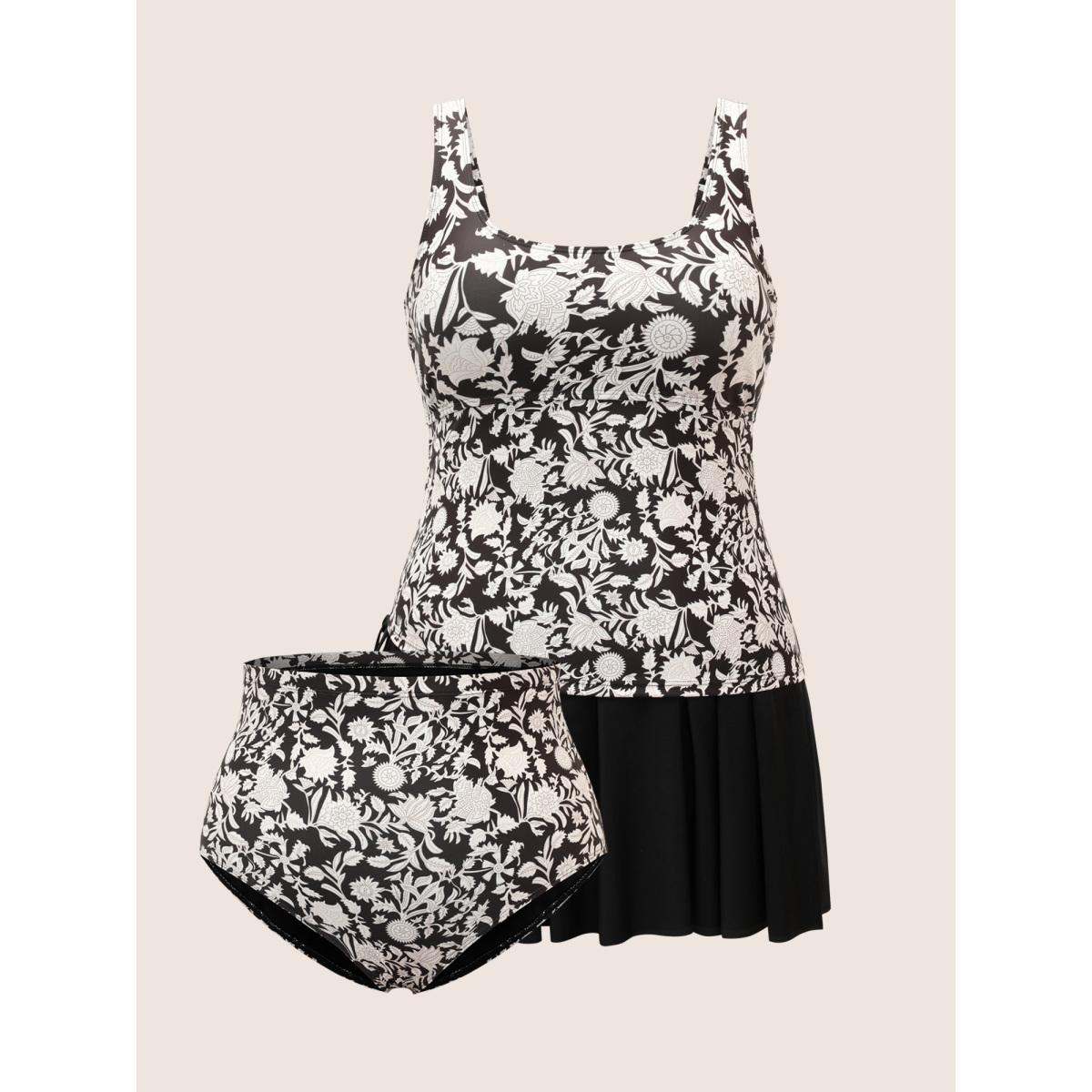 Plus Size Natural Flowers Tie Knot Drawstring Swim Dress Women's Swimwear Black Beach Bodycon U-neck High stretch Curve Swim Dresses BloomChic 26/4X Product Image