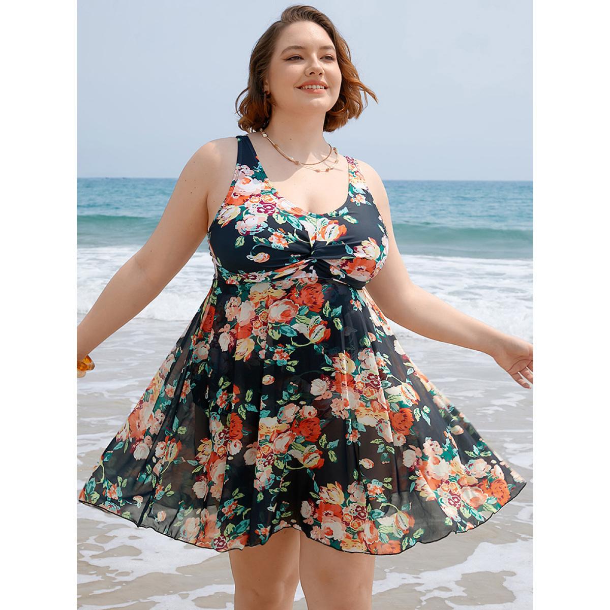 Plus Size Floral Ruffle Hem Twist Ruched Swim Dress Women's Swimwear BlackFlower Vacation Bodycon V-neck High stretch Curve Swim Dresses BloomChic 26/4X Product Image