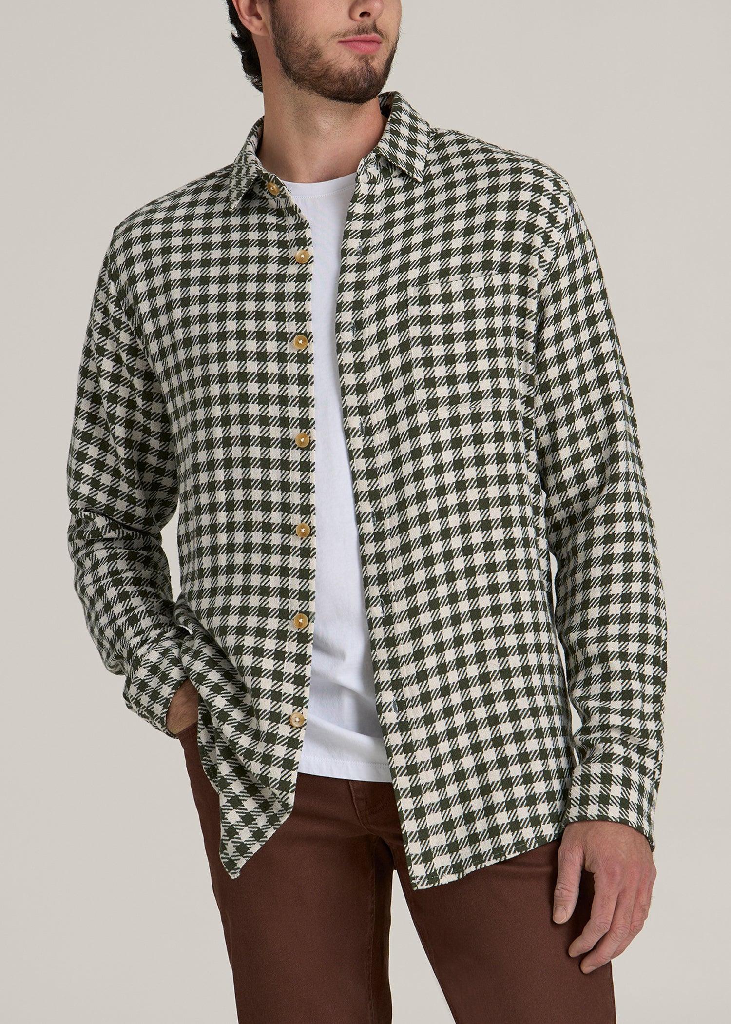 Lightweight Woven Overshirt for Tall Men in Olive and Ecru Check Male Product Image