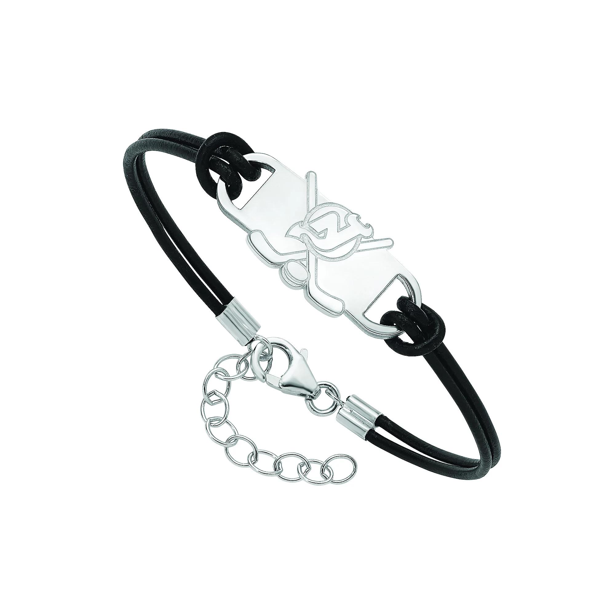 LogoArt Sterling Silver New Jersey Devils Black Leather Bracelet, Women's, Size: 7" Product Image