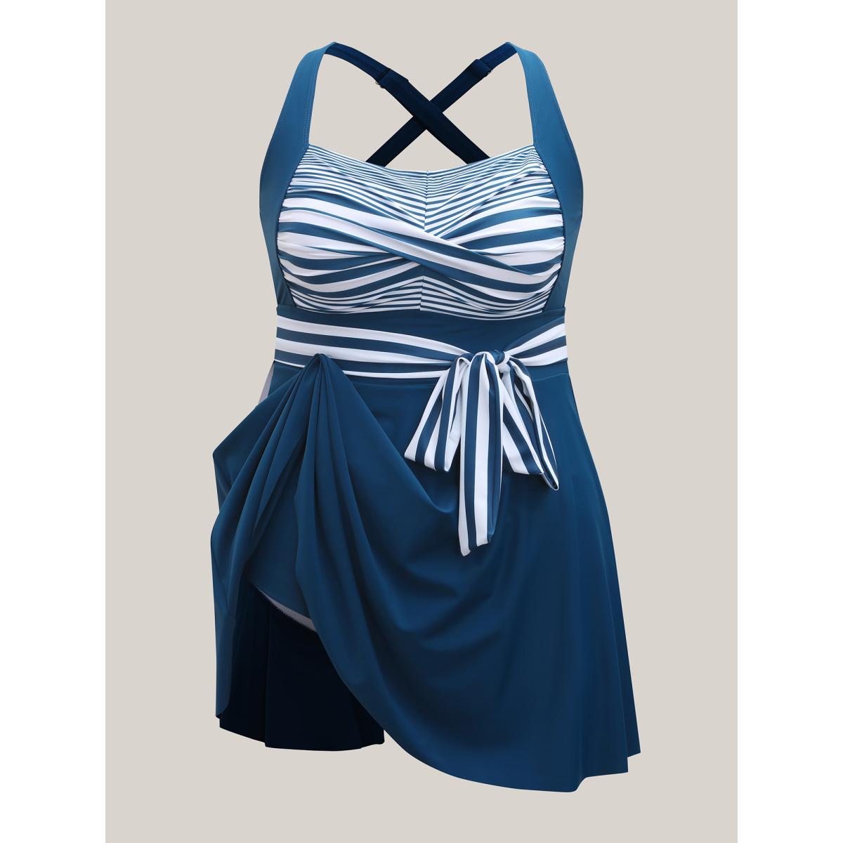 Plus Size Anti-Float Ties Twist Belted Swim Dress Women's Swimwear Aegean Resort Bodycon Heart neckline High stretch Curve Swim Dresses BloomChic 14-16/1X Product Image