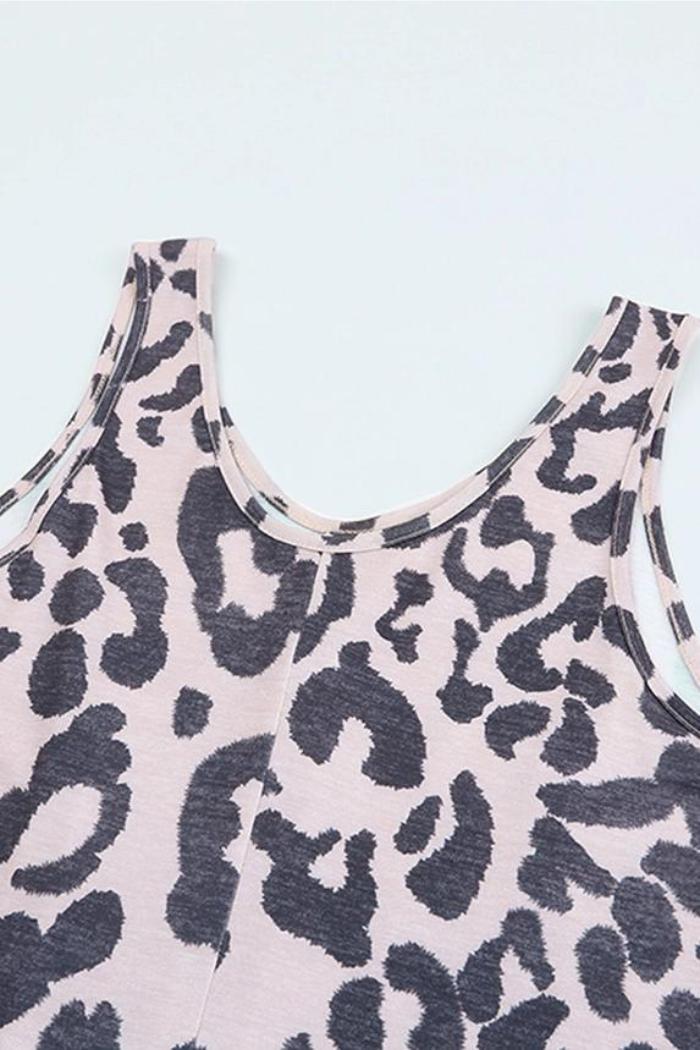 Leopard Print Pockets Wide Leg Sleeveless Jumpsuit Product Image