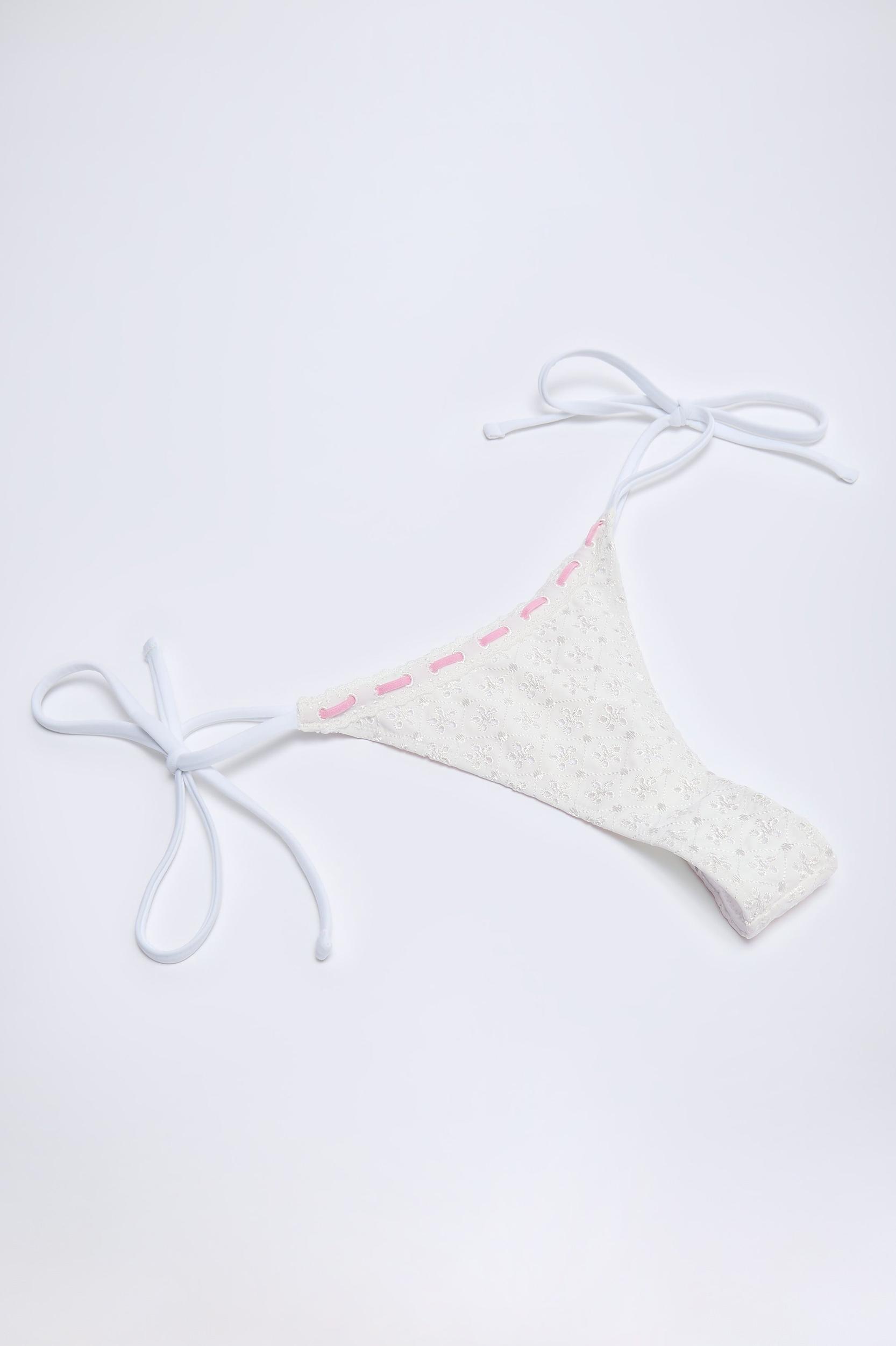 Broderie Anglaise Side-Tie Thong Bikini Bottoms in White Product Image