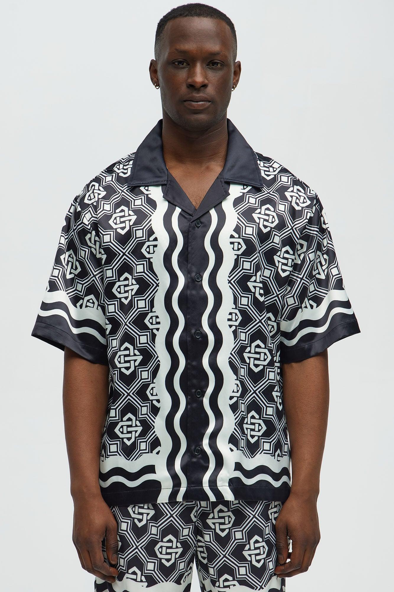 Geometric Wavy Border Cuban Collar Button Up Shirt - Black/combo Male Product Image