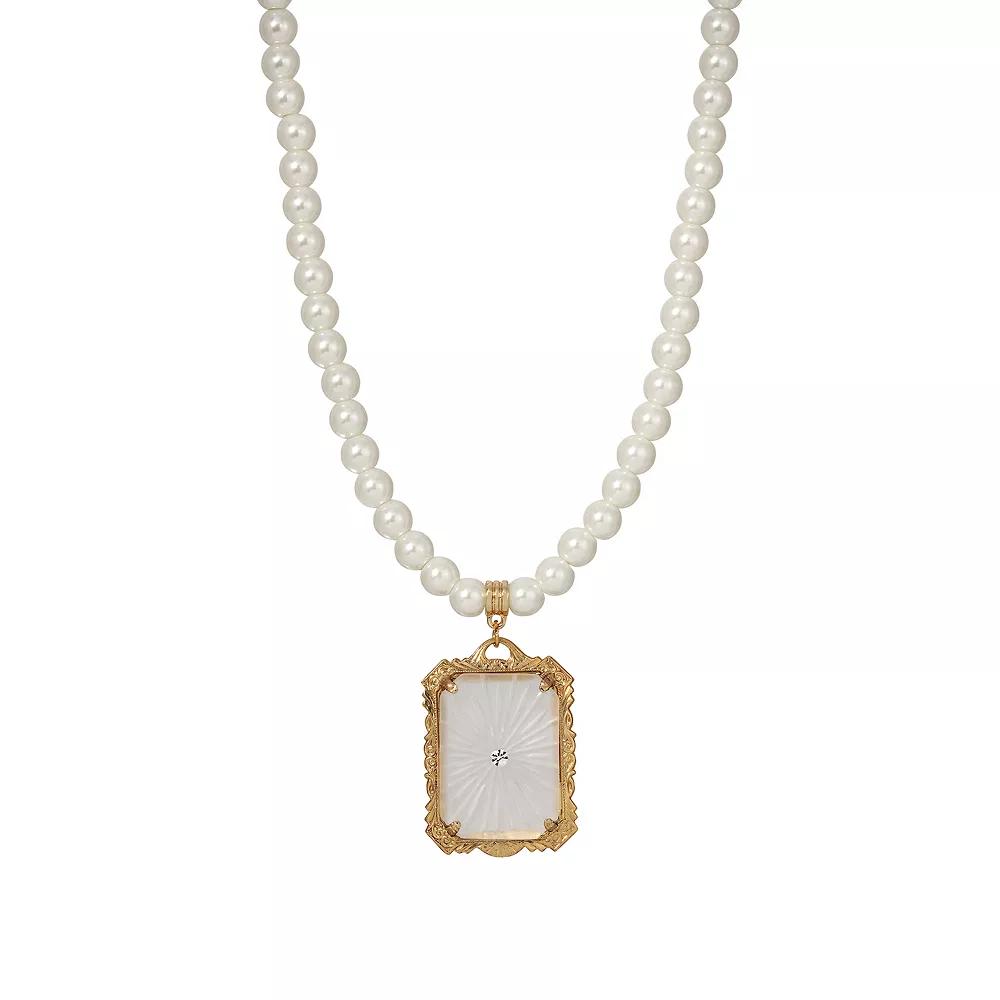 1928 Gold Tone Simulated Pearl & Crystal Frosted Glass Square Pendant Necklace, Womens, White Product Image