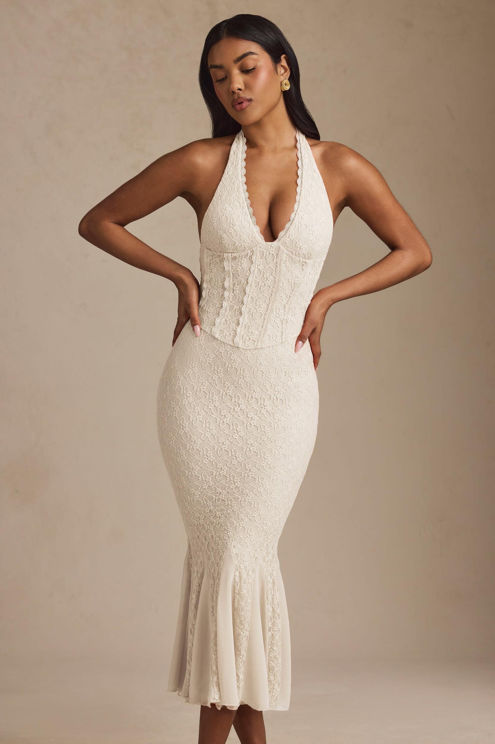 Halterneck Corset Lace Midaxi Dress in Ivory Product Image