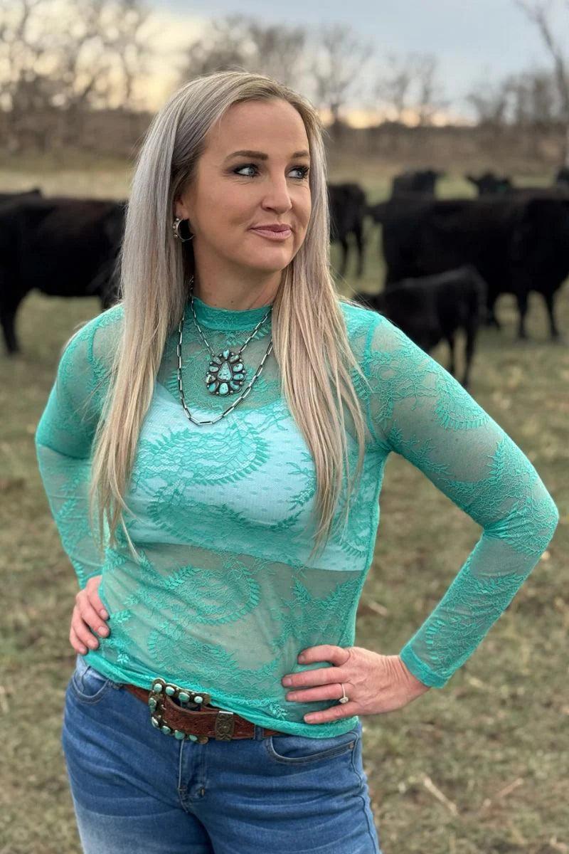 Sterling Kreek Aquamarine Lace Top Product Image