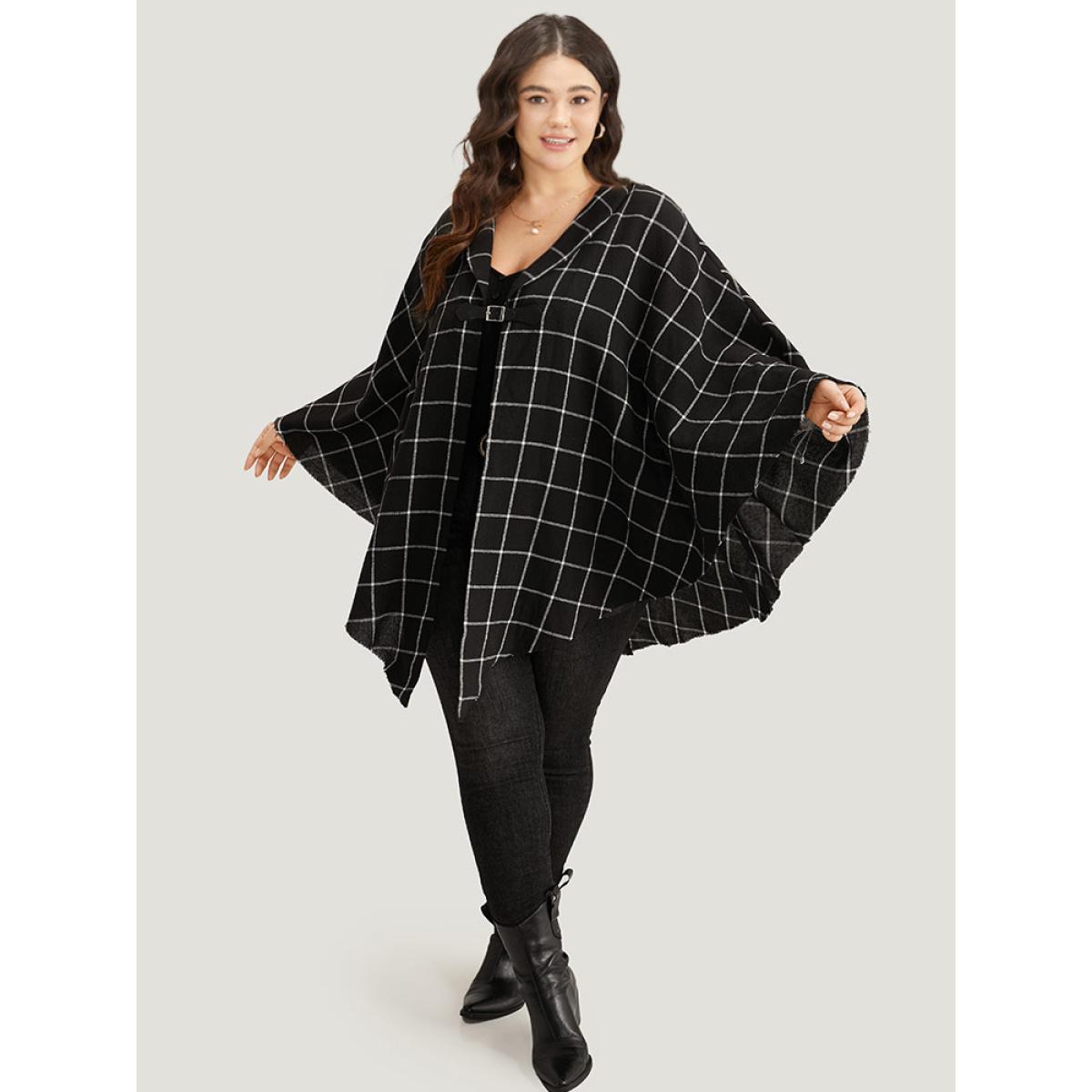 Plus Size Plaid Buckle Detail Cape Kimono Women Black Casual Contrast Loose Dailywear Kimonos BloomChic 22-24/3X Product Image