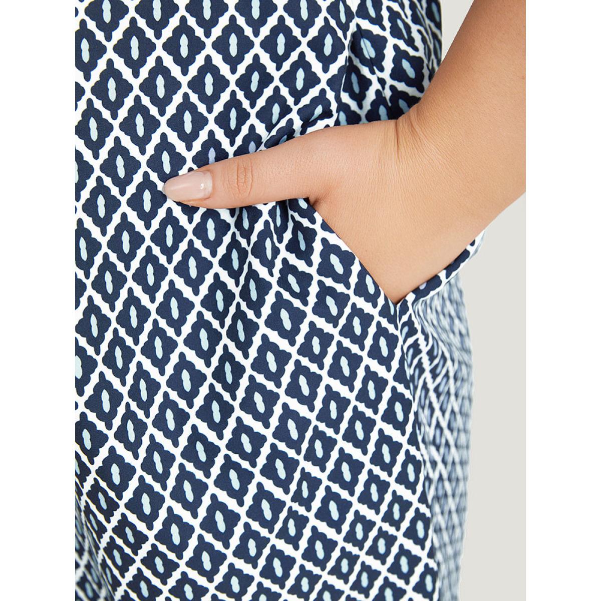 Plus Size Bandana Print Pocket Button Knot Neck Dress DarkBlue Women Vacation Button V-neck Elbow-length sleeve Curvy Knee Dress BloomChic 28/5X Product Image