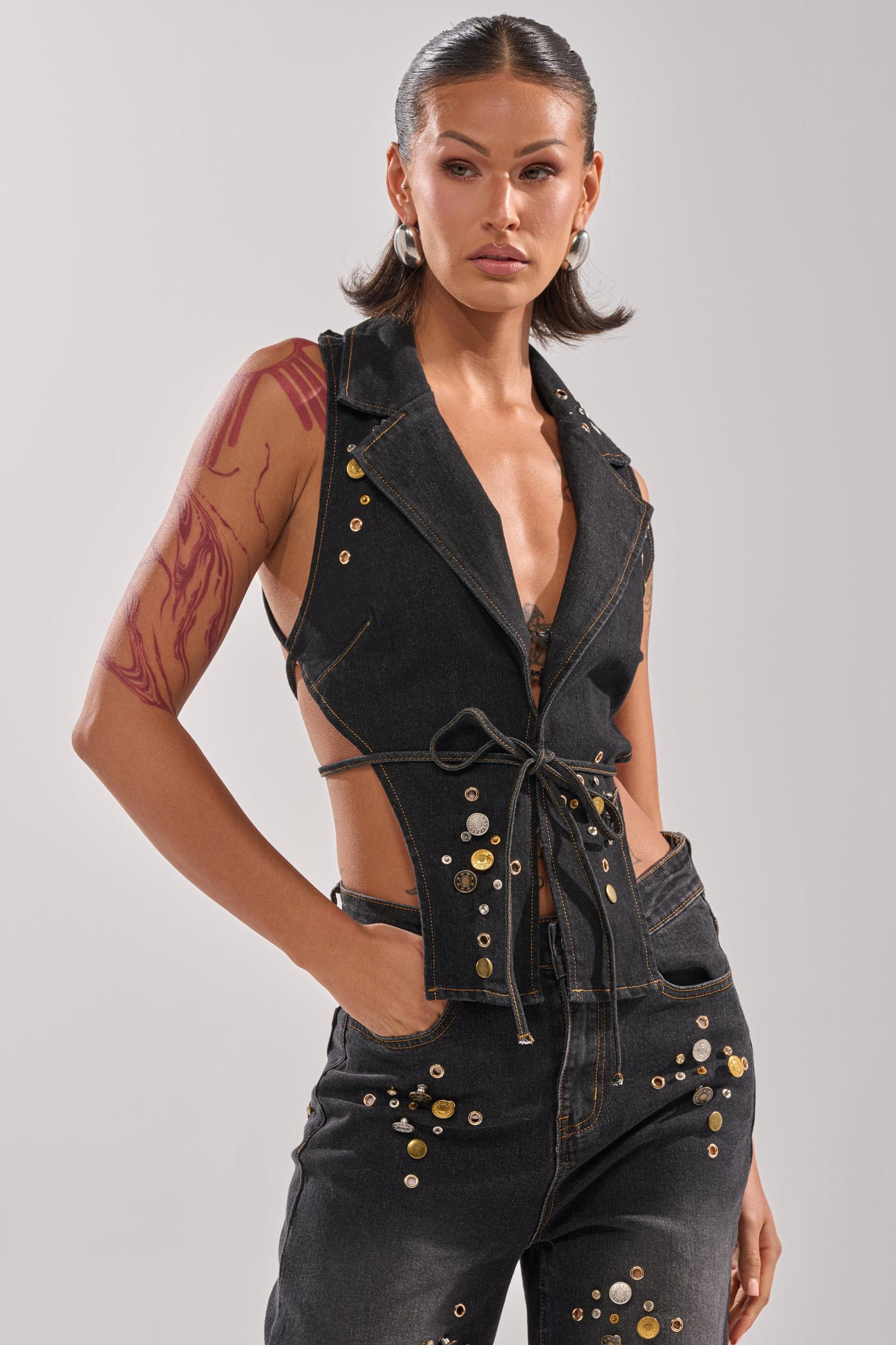 SPACE AND TIME STUDDED DENIM VEST Product Image