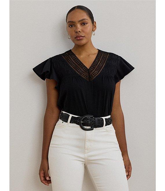 Lauren Ralph Lauren Plus Size Cotton-Blend V-Neck Lace Trim Tee Product Image