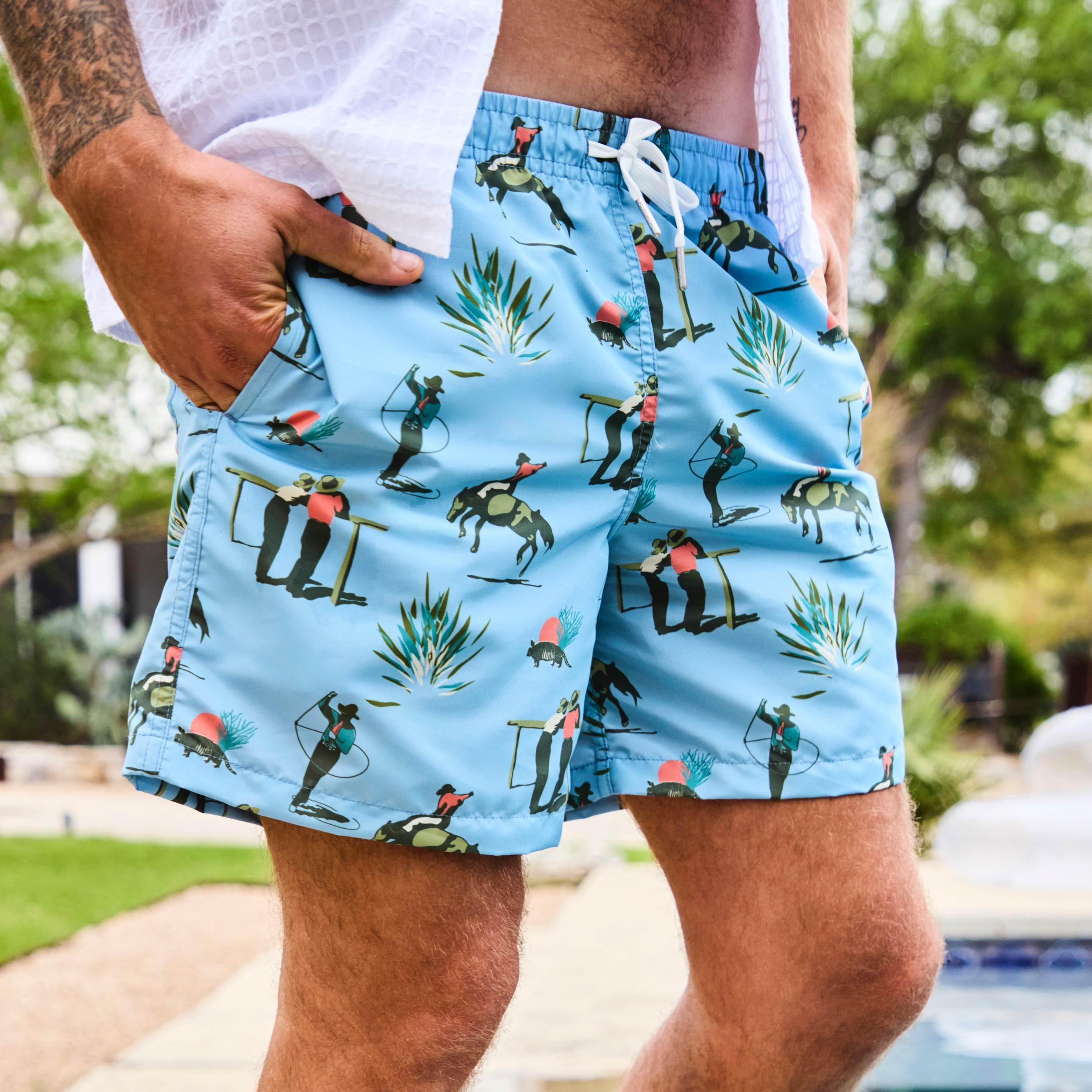 5.5" Cowboy Print Swim Trunks - Light Blue Product Image