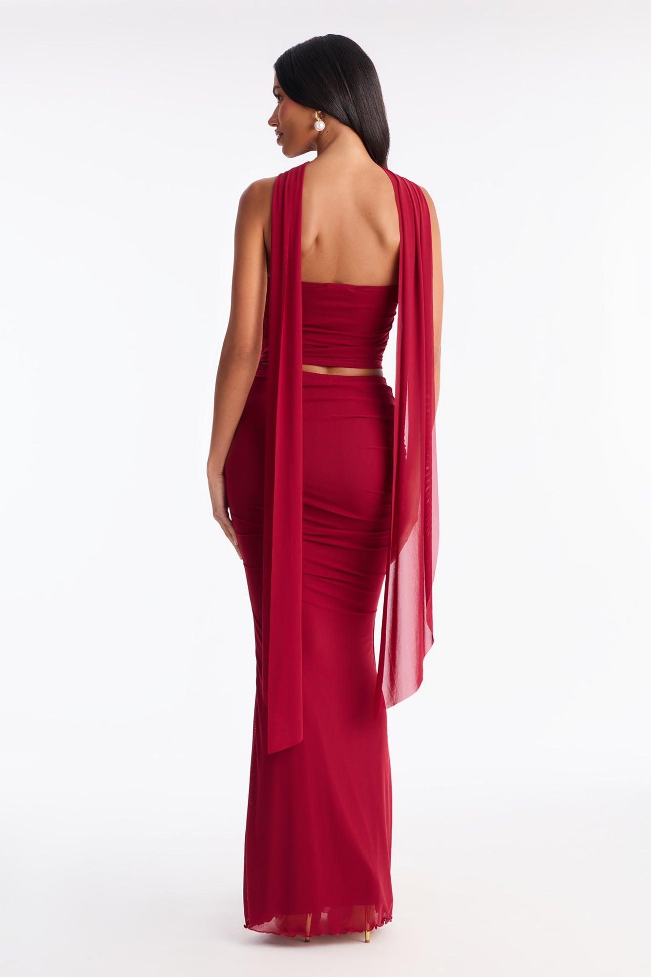 Avery Mesh Corset 3 Piece Maxi Skirt Set - Red Female Product Image