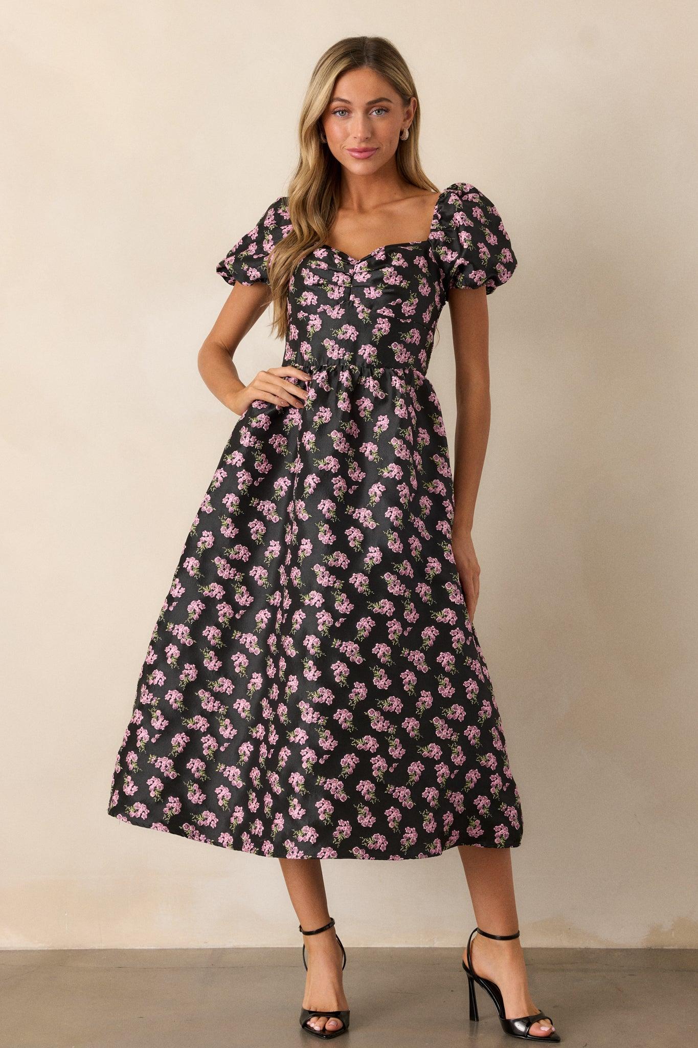 Time Flies Black Floral Jacquard Puff Sleeve Midi Dress Product Image