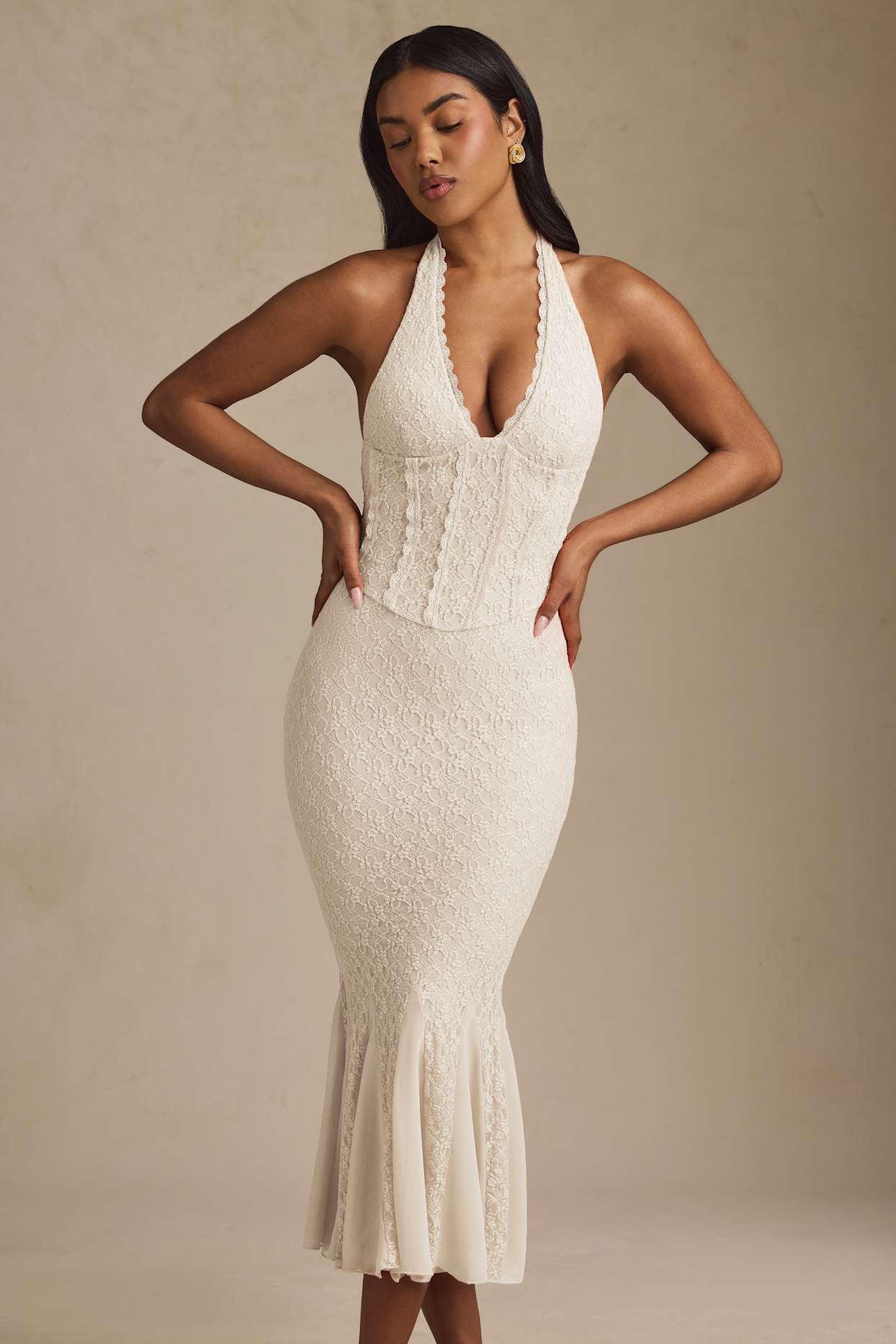 Halterneck Corset Lace Midaxi Dress in Ivory Product Image
