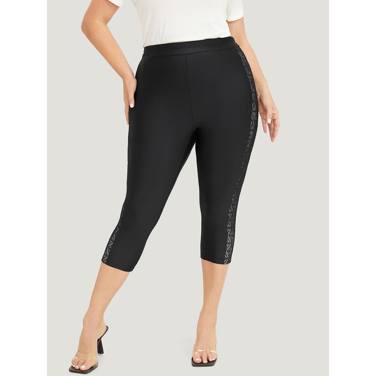 Plus Size Solid Crochet Lace High Rise Cropped Leggings Women Black Elegant High stretch Bodycon High Rise Dailywear Leggings BloomChic 14-16/1X Product Image