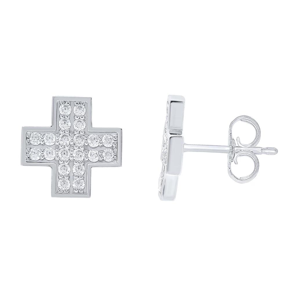 Men's Sterling Silver 1/2 Carat T.W. Diamond Cross Stud Earrings Product Image