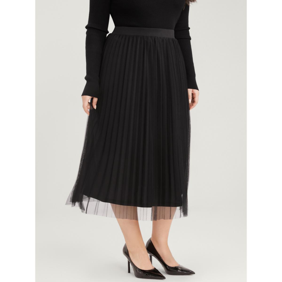 Plus Size Solid Mesh Elastic Waist Pleated Skirt Women Black Glamour Elastic Waist No stretch Going out Skirts BloomChic 14-16/1X Product Image