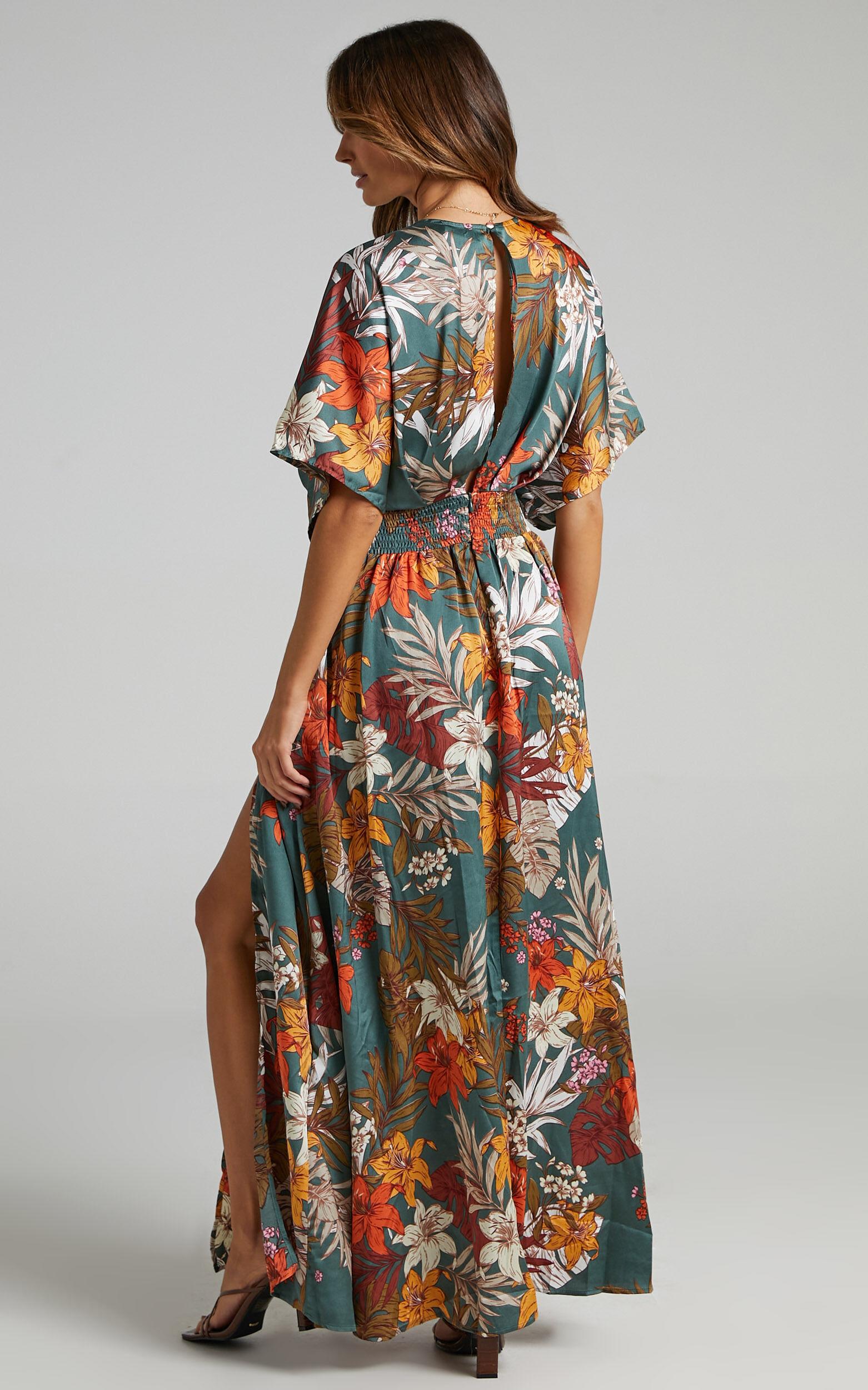 Vacay Ready Maxi Dress - Plunge Thigh Split Dress in Teal Floral Satin Product Image