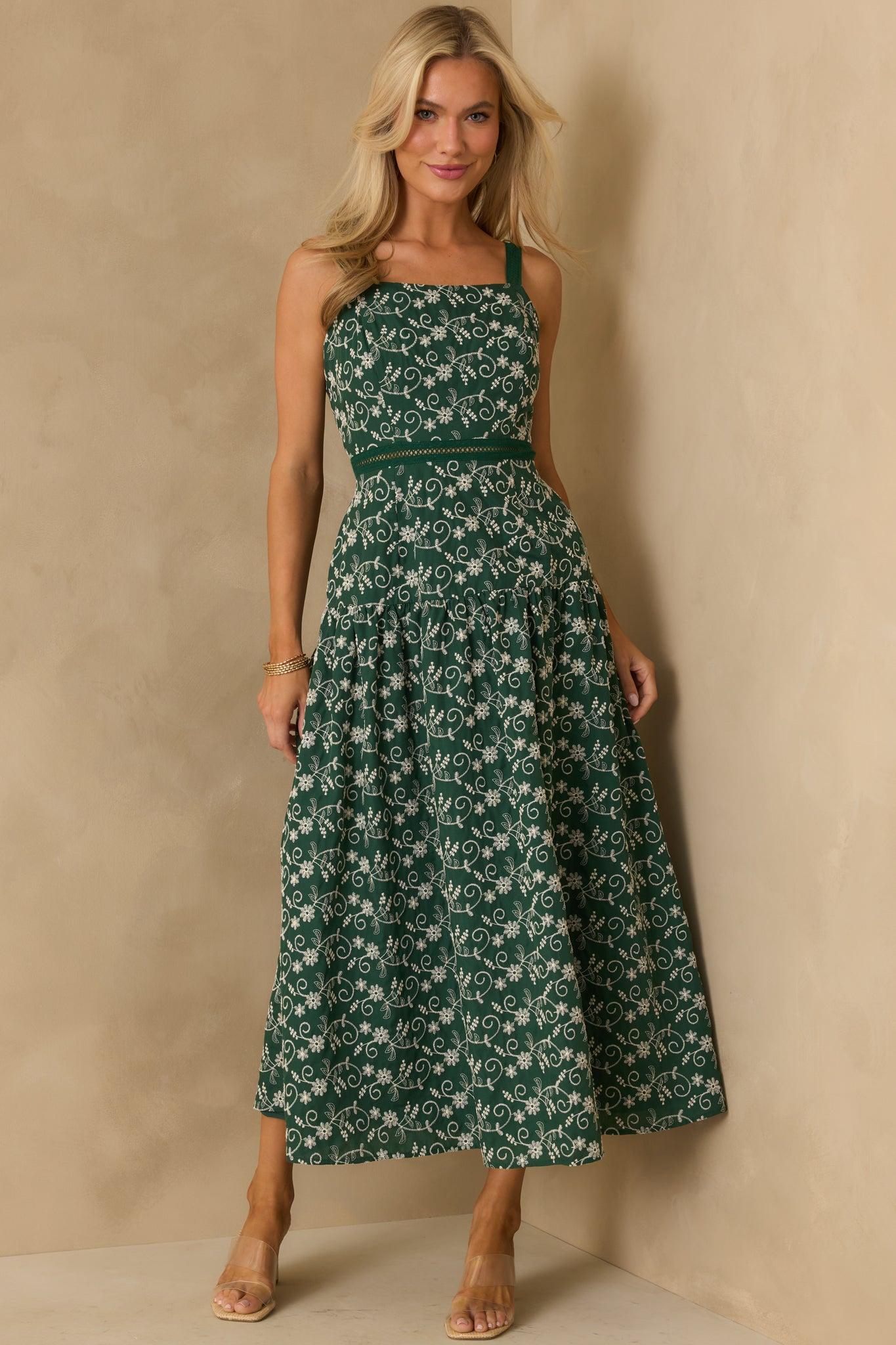 On My Side Hunter Green Floral Embroidered Eyelet Maxi Dress L / Hunter Green Product Image