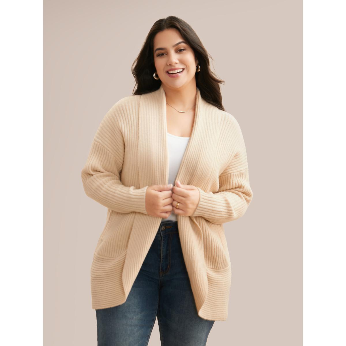 Plus Size Airy Cozy Shawl Collar Open Cardigan LightBrown Women Basics Loose Long Sleeve Everyday Cardigans BloomChic 10/M Product Image