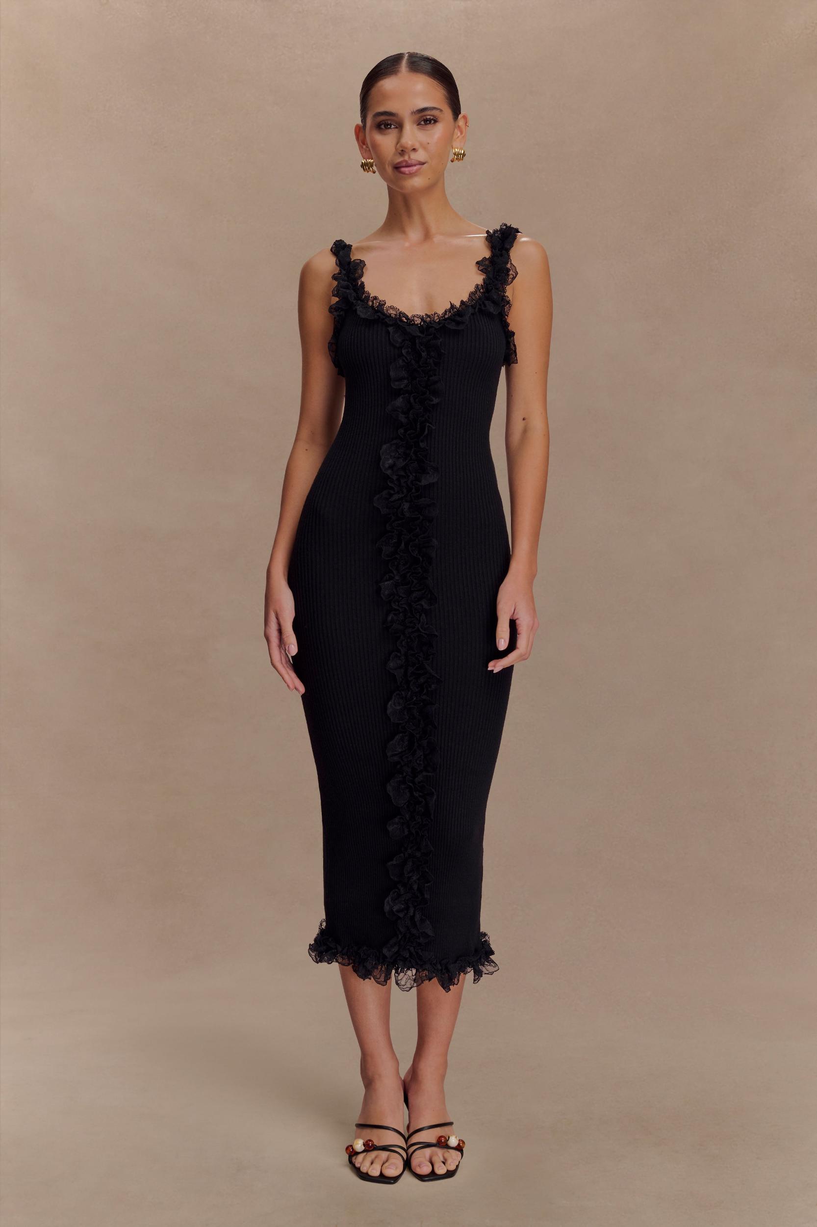 Shay Lace Ruffle Knit Midi Dress - Black Product Image