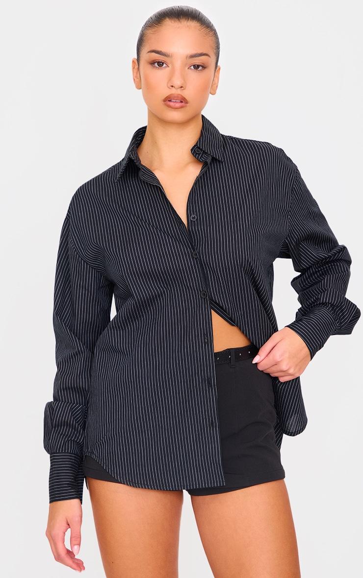 Black Oversized Striped Cut Out Back Shirt Product Image