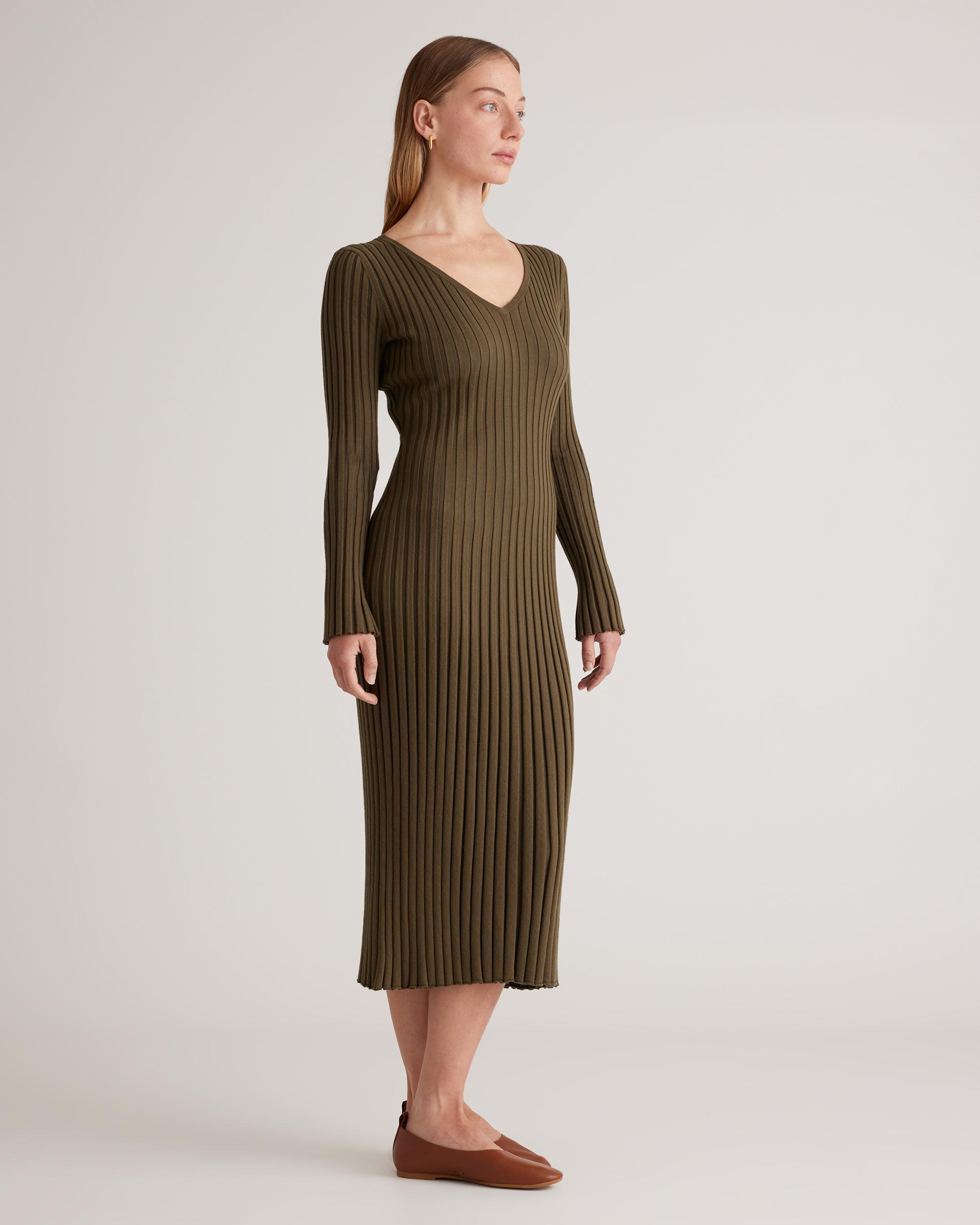 Quince | Women's Cotton Cashmere Ribbed Long Sleeve V-Neck Midi Dress Size XL Product Image