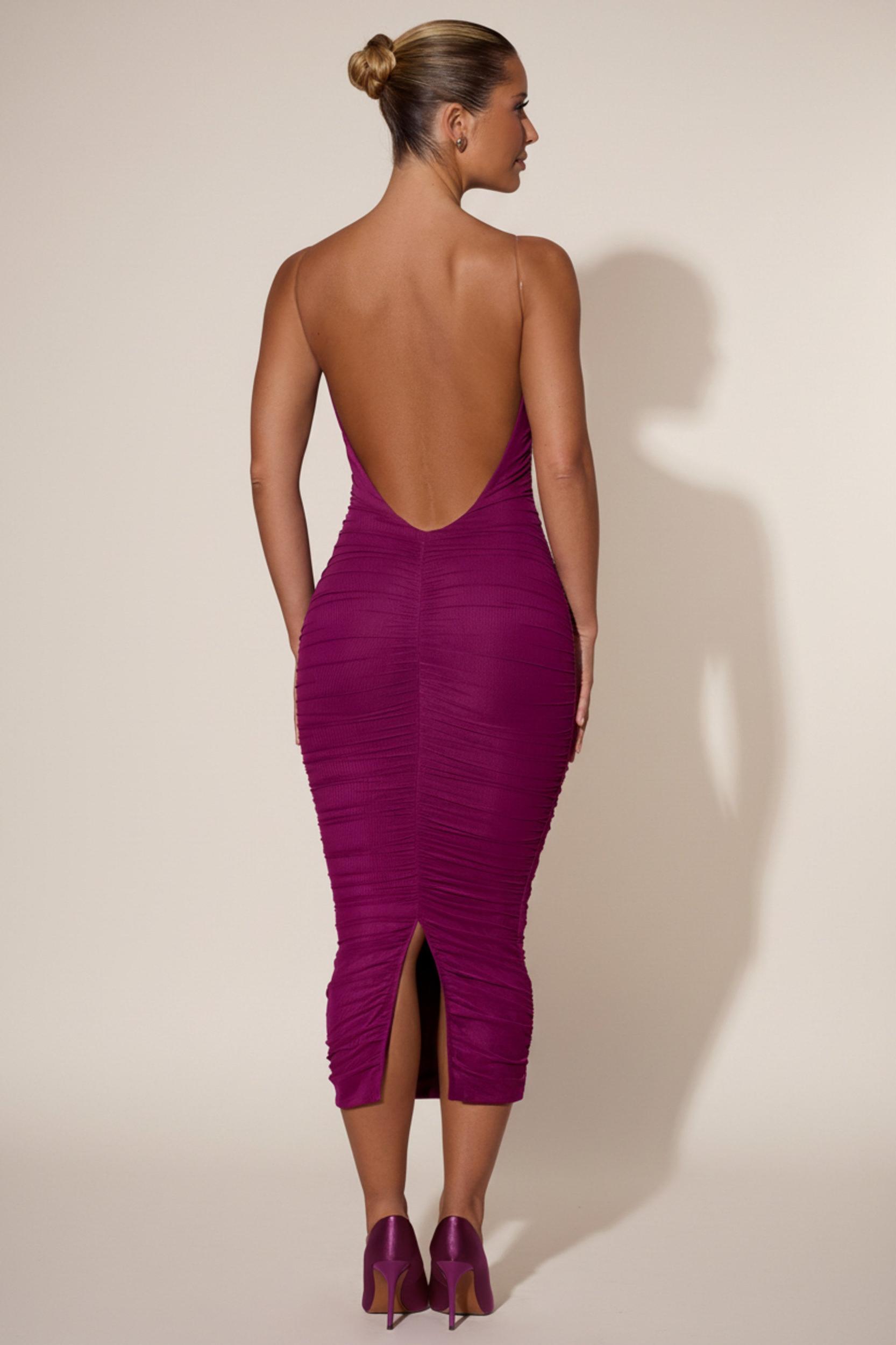 Ruched Backless Bodycon Midaxi Dress in Plum Product Image