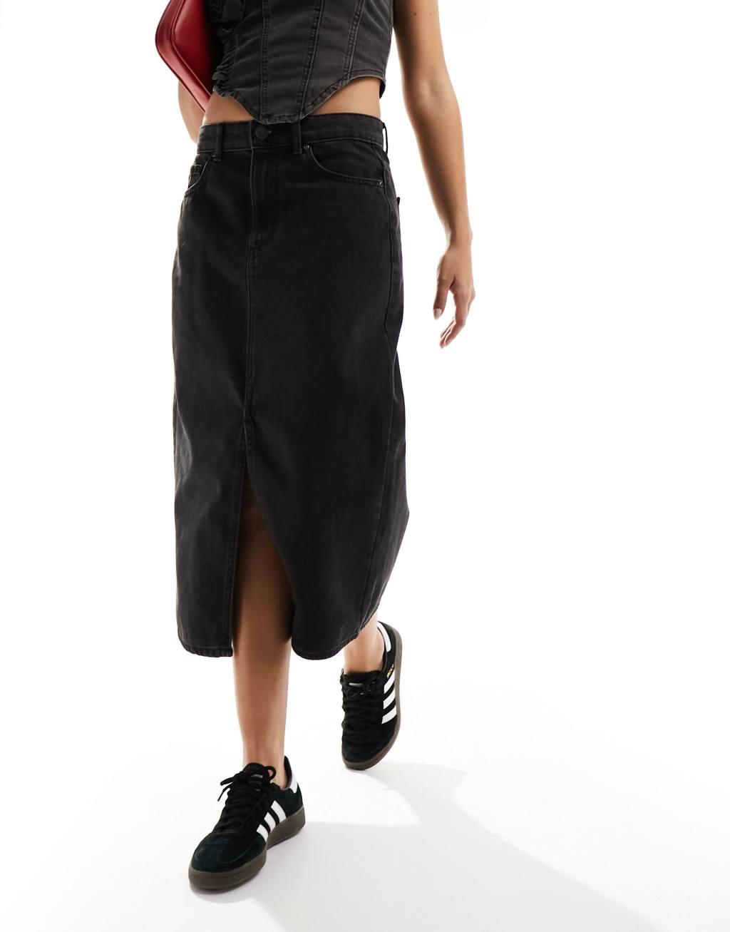 ONLY denim midi skirt with front split in washed black   Product Image