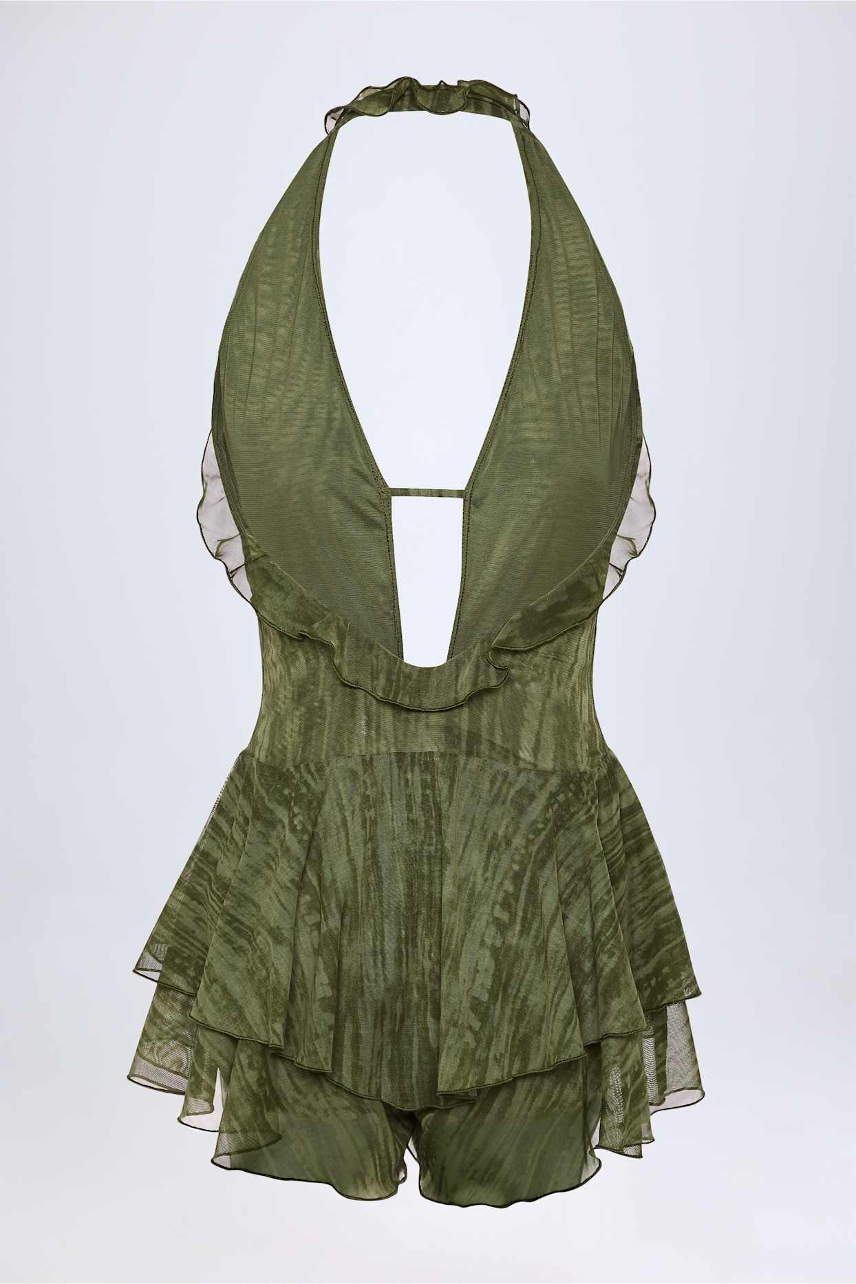 Ruffled Plunge Halterneck Playsuit in Green Print Product Image