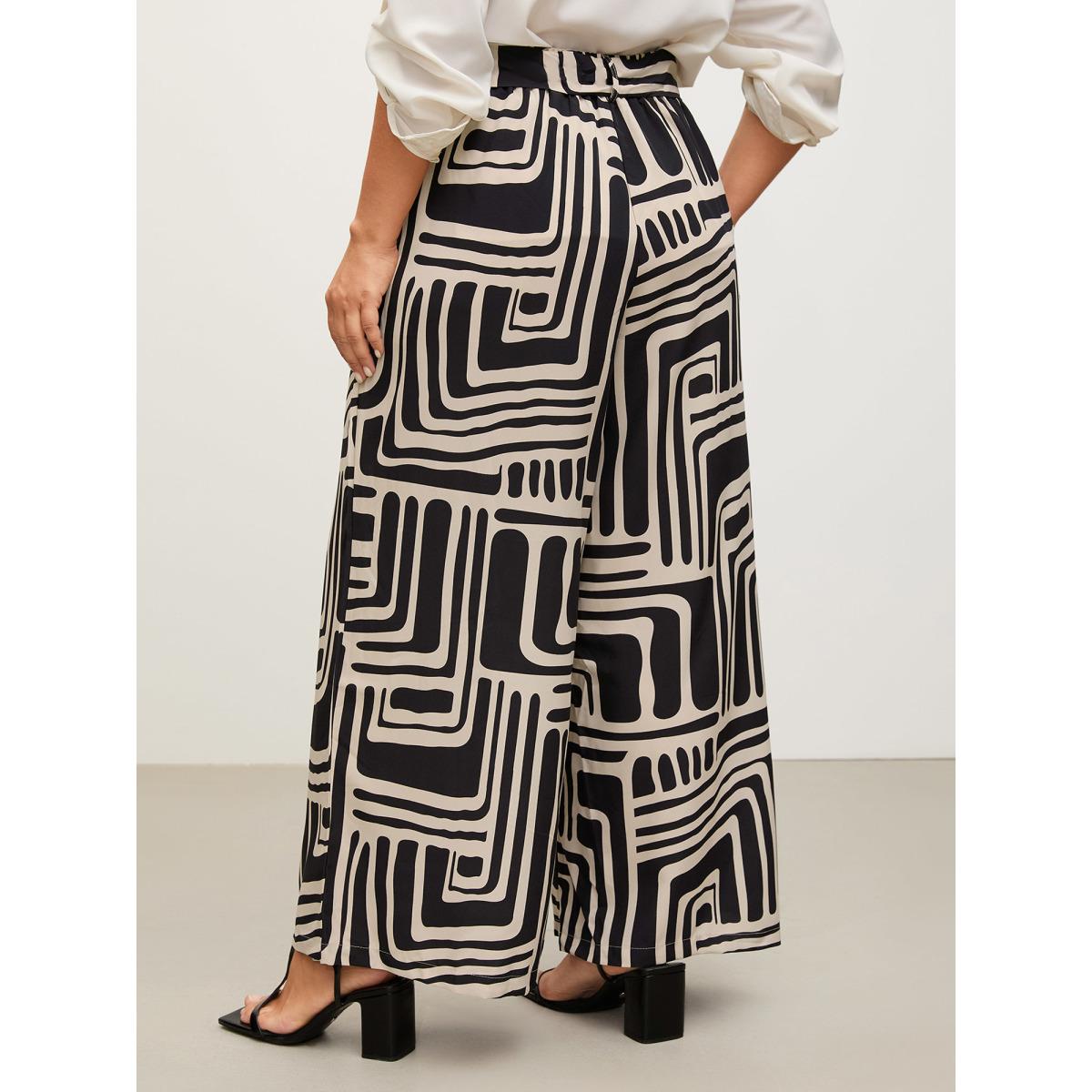 Plus Size Geometric Print Wide-Leg Belted Pants Women Black Loose Mid Rise Work Pants BloomChic 14-16/1X Product Image