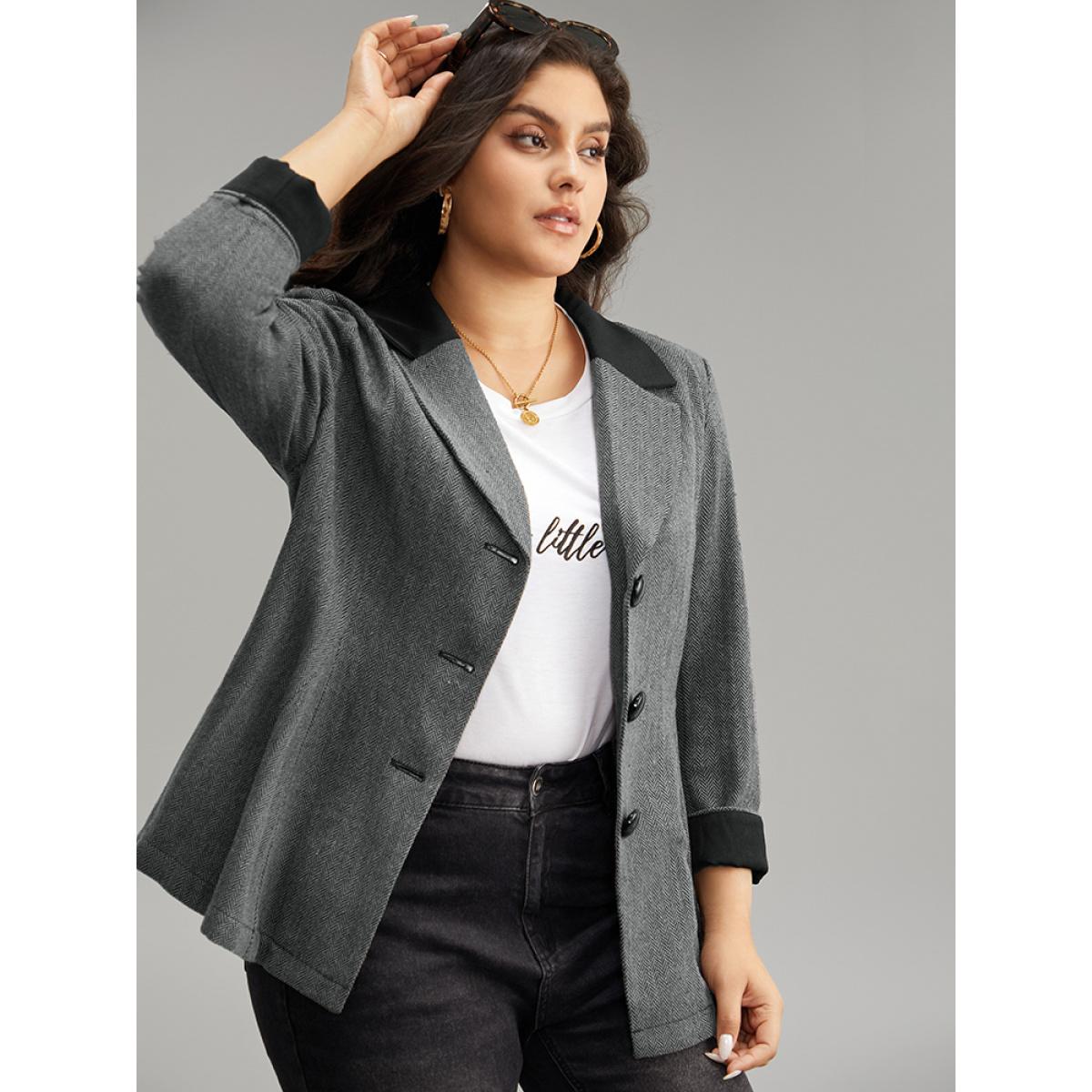 Plus Size Patchwork Contrast Button Up Blazer Black Women Dailywear Plain Contrast Sleeve Long Sleeve Suit Collar 22-24/3X Casual Blazers BloomChic Product Image