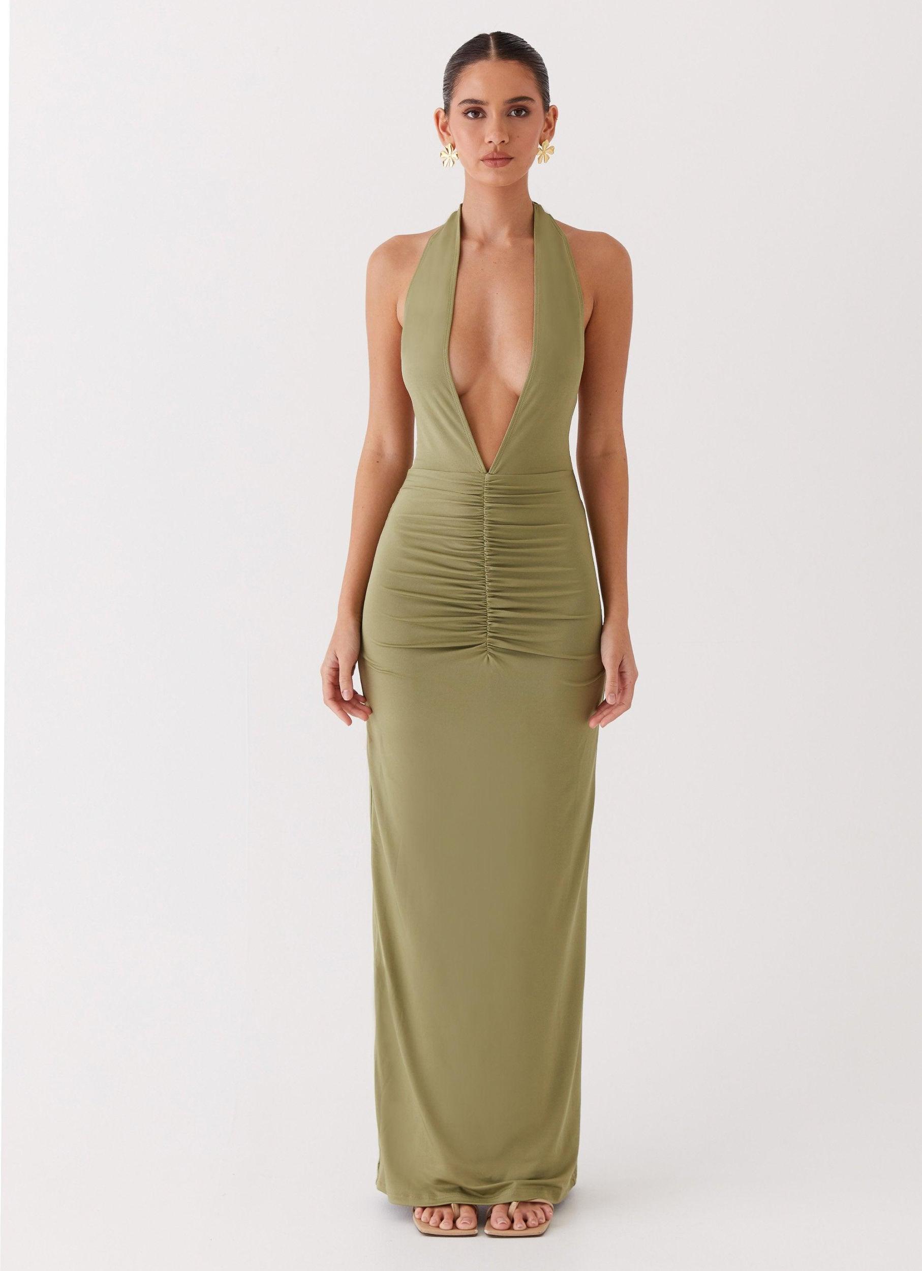 Whisked Away Halterneck Maxi Dress - Olive Product Image