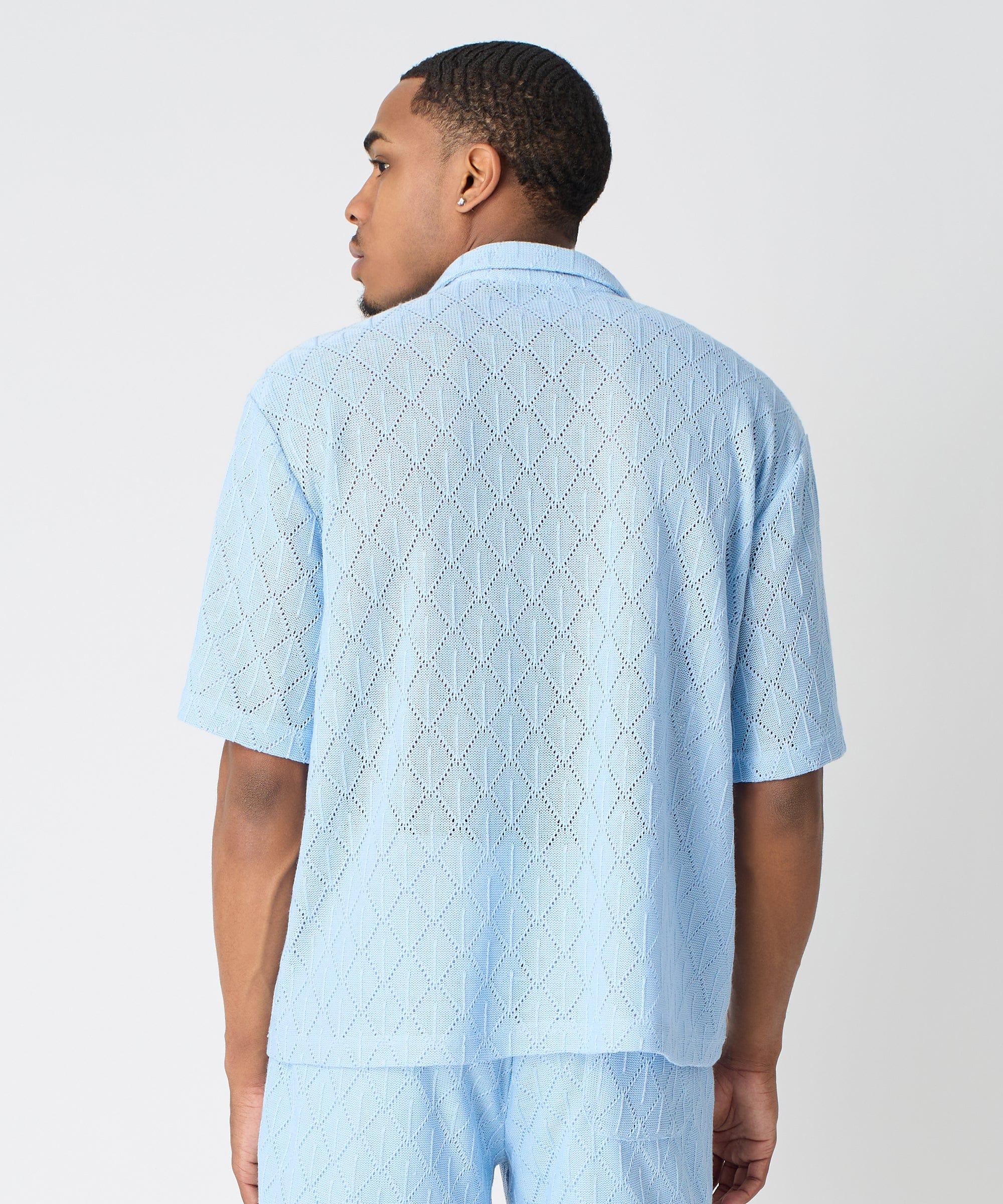 Diamond Plate Towel Color Blocked Short Sleeve Button Down Shirt - Light Blue Product Image