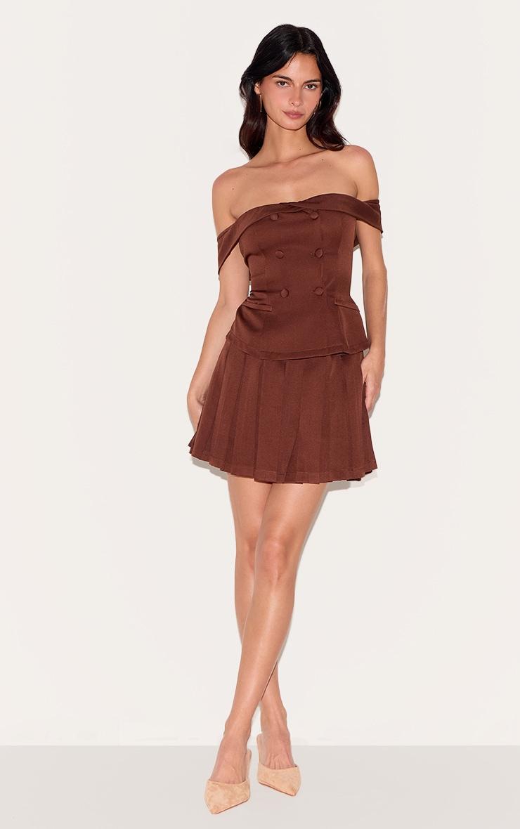 Chocolate Tailored Button Detail Bardot Pleated Skort Romper Product Image