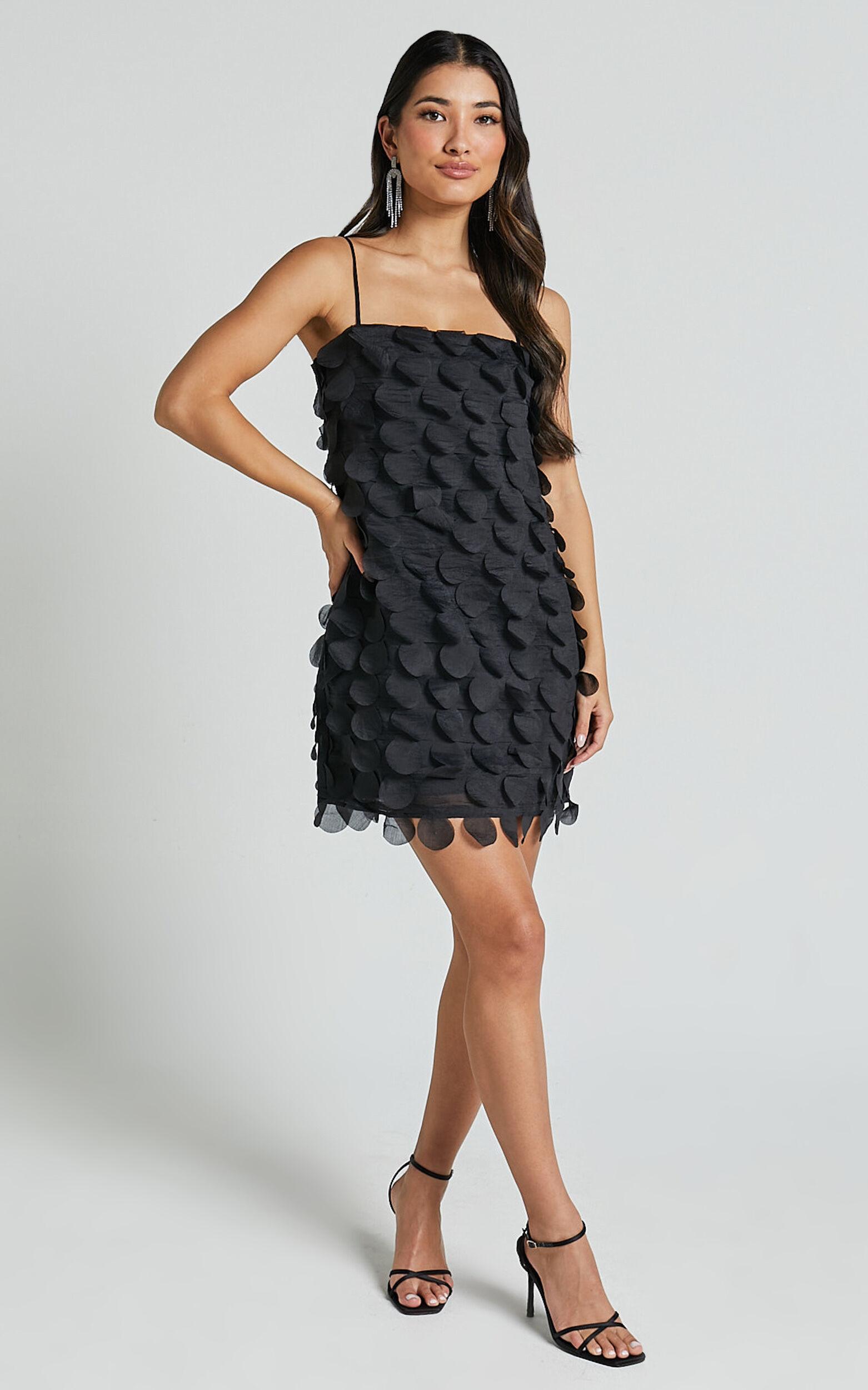 Leah Mini Dress - Strappy 3D Floral Cami Dress in Black Product Image