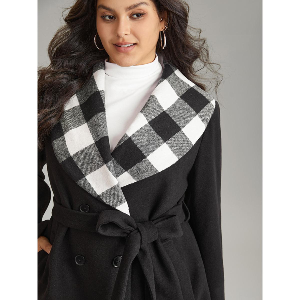 Plus Size Plaid Lapel Collar Pocket Belted Coat Women Black Casual Lined Ladies Dailywear Winter Coats BloomChic 26/4X Product Image