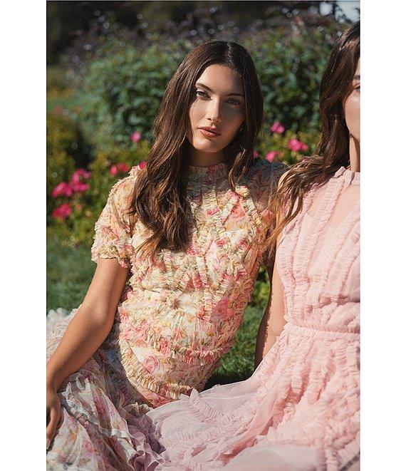 Mac Duggal Mesh Floral Print Mock Neck Short Sleeve Micro Ruffle A-Line Midi Dress Product Image