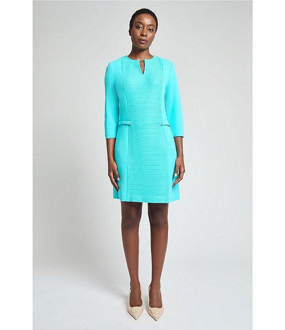 Ming Wang Contrast Panel Soft Knit Split Round Neck 3/4 Sleeve Sheath Dress Product Image
