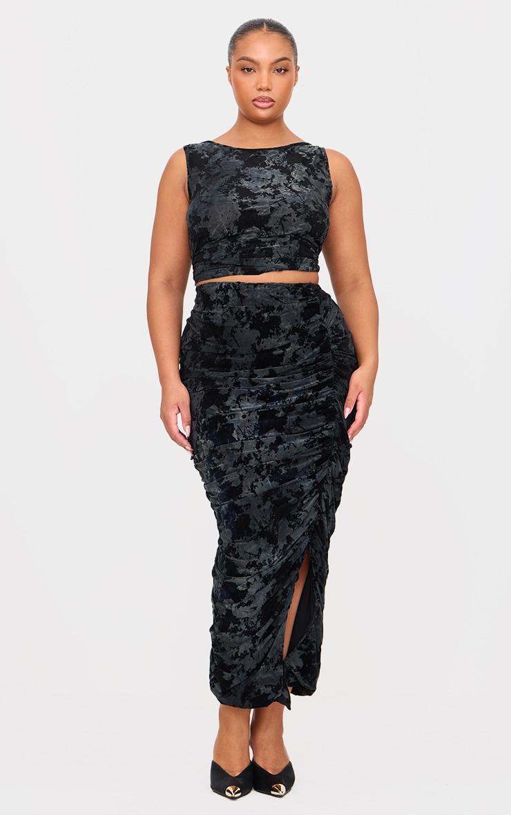 Plus Black Devore Ruched Maxi Skirt Product Image