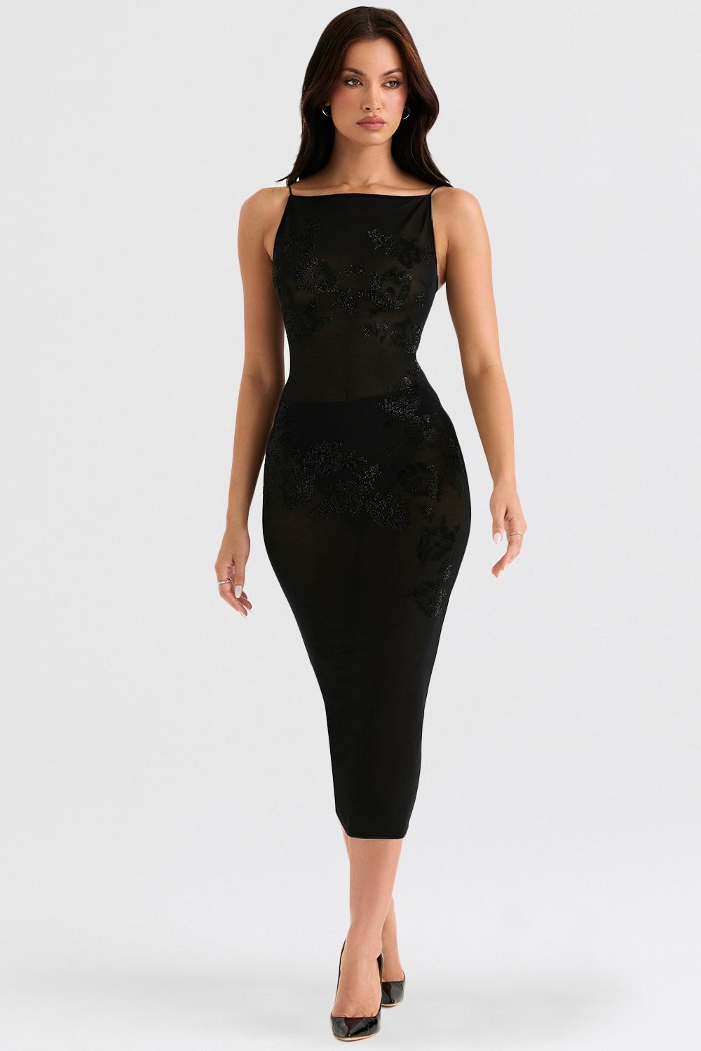 Amirah  black mesh crystal embellished midi dress Product Image