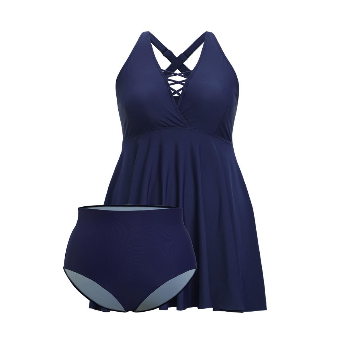 Plus Size Crisscross Neck Adjustable Straps Ruffles Hem Swim Dress Women's Swimwear Indigo Vacation Bodycon V-neck High stretch Curve Swim Dresses BloomChic 18-20/2X Product Image
