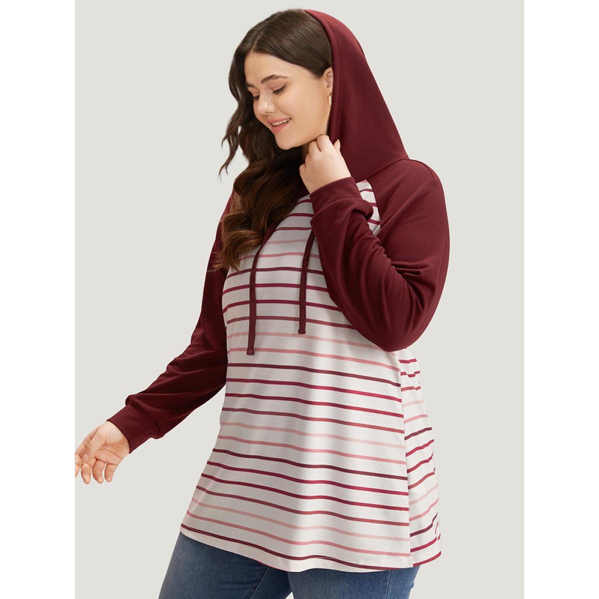 Plus Size Striped Patchwork Contrast Hooded Raglan Sleeve Sweatshirt Women Multicolor Casual Elastic cuffs Hooded Dailywear Sweatshirts BloomChic 10/M Product Image
